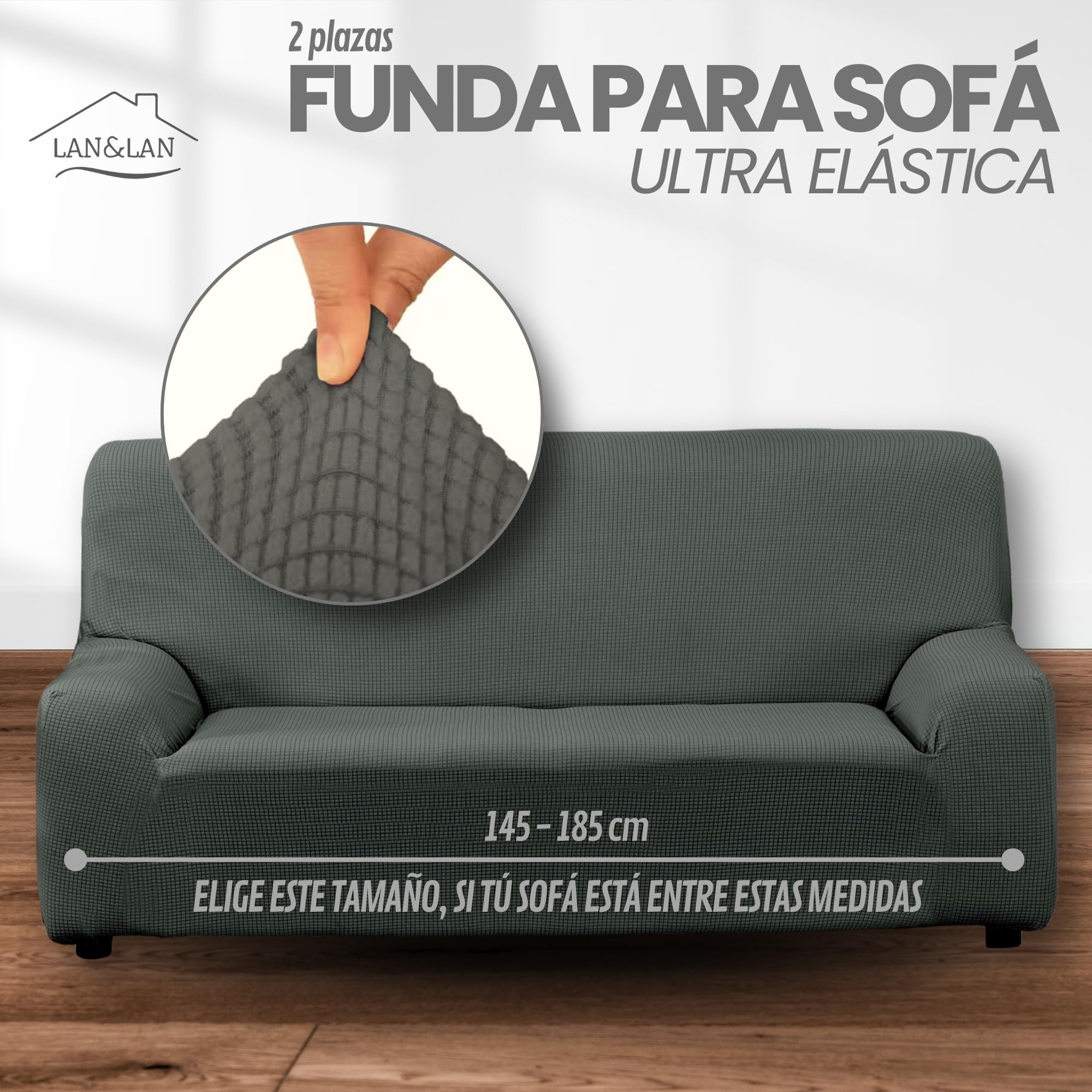 LAN&LAN - Funda Sofa, 2 plazas, Funda Sofá Elástico y Ajustable, Funda de Sofa Cómoda y Lavable, Cubre Sofá Que Previene Manchas de Niños y Pelos de Mascotas (Gris Plata)