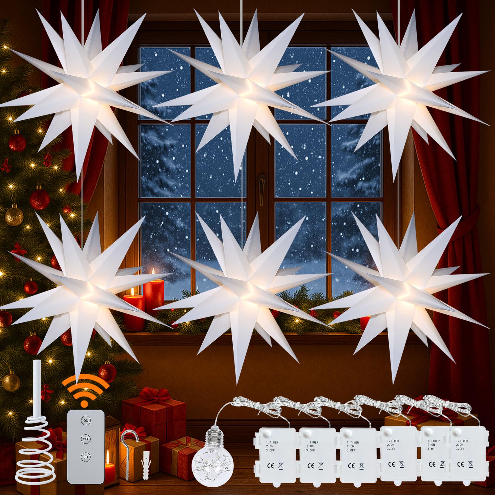 5 Pack 23" Moravian Star Outdoor Light, Moravian Star Christmas Tree Topper Lighted Battery Operated, Remote Control Hanging Outdoor/Indoor Light for Advent,Courtyard, Porch-White