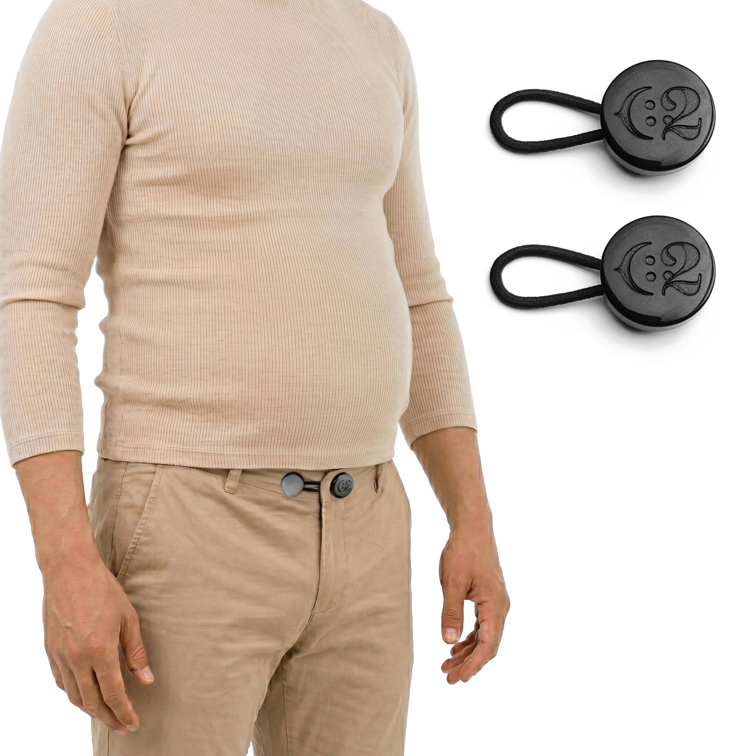 C2 Black 2Pcs Trouser Button Extenders - Adds Up To 2Cm / 0.8In To Waist - 15.3Mm / 0.6In Button Size (24L) - Reusable Waistband Extenders, No Sewing Required