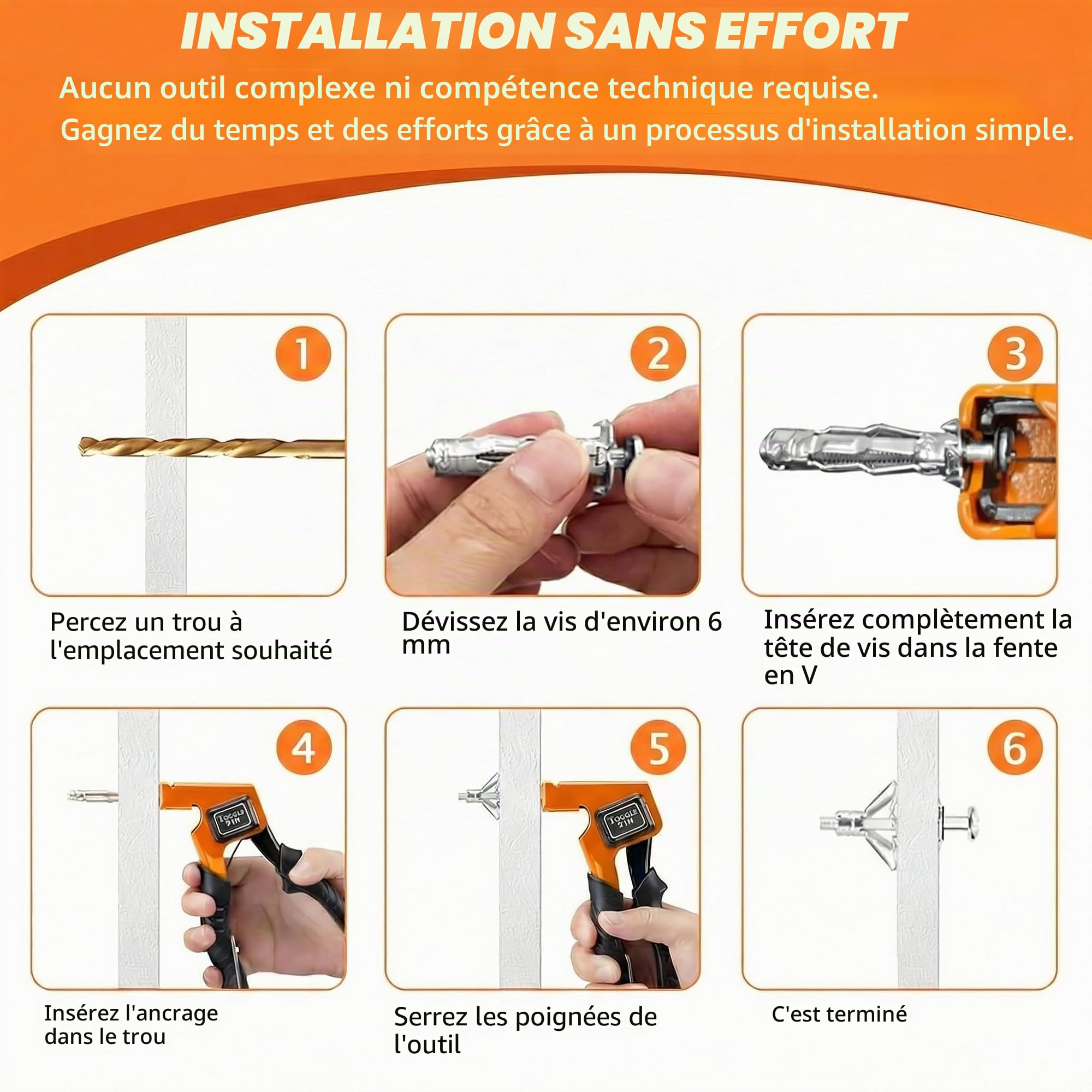 Kit Cheville Molly avec Pince, Assortiment avec 30 cheville Molly Metallique pour Placo Brique Creuse, Pince Professionnel Convient à M4/M5/M6