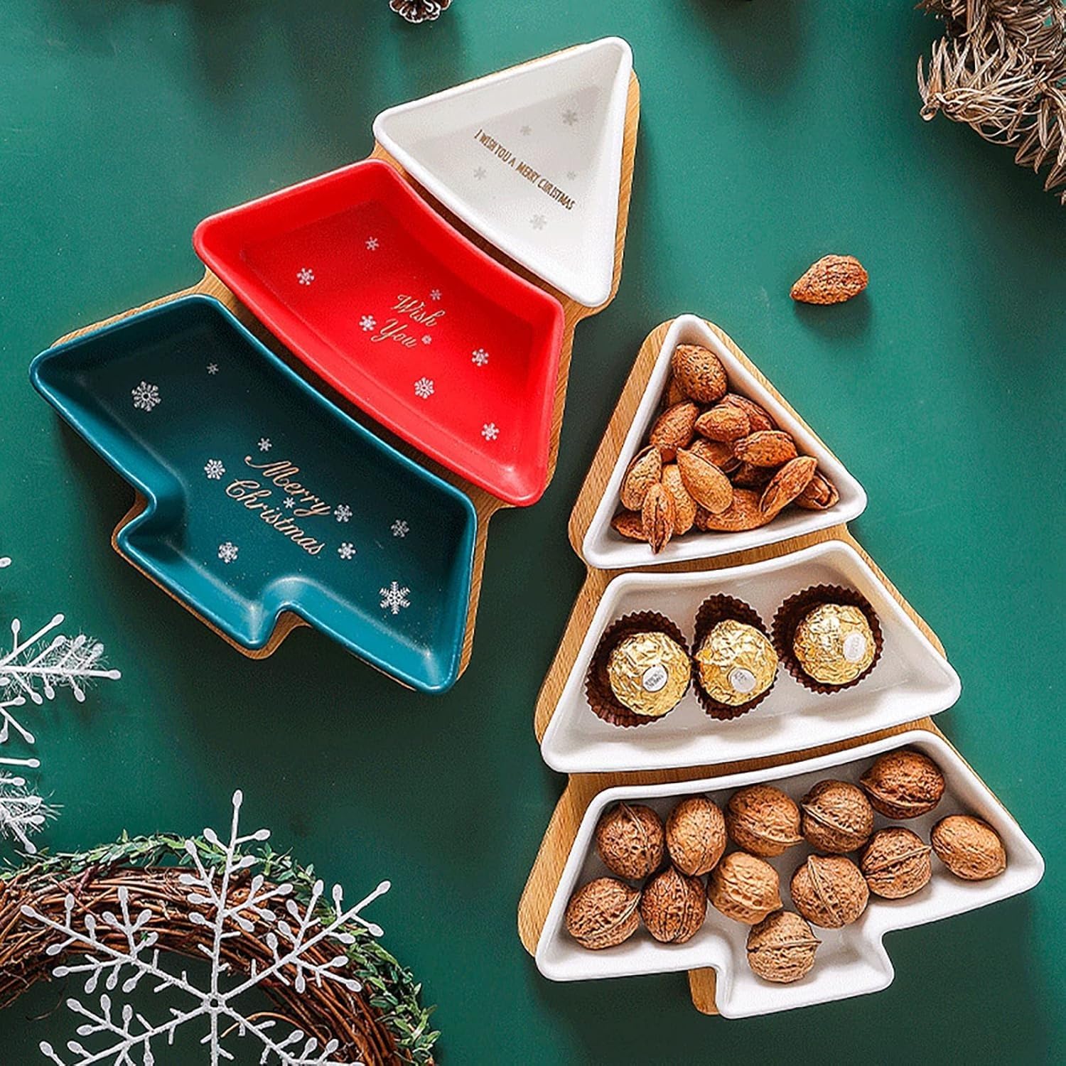 Ceramic Divided Dishes with Bamboo Tray,3-Compartment Appetizer,Christmas Tree Shape Sectional Serving Platter for Candy and Nut,Fruits,Condiment,Party White-S