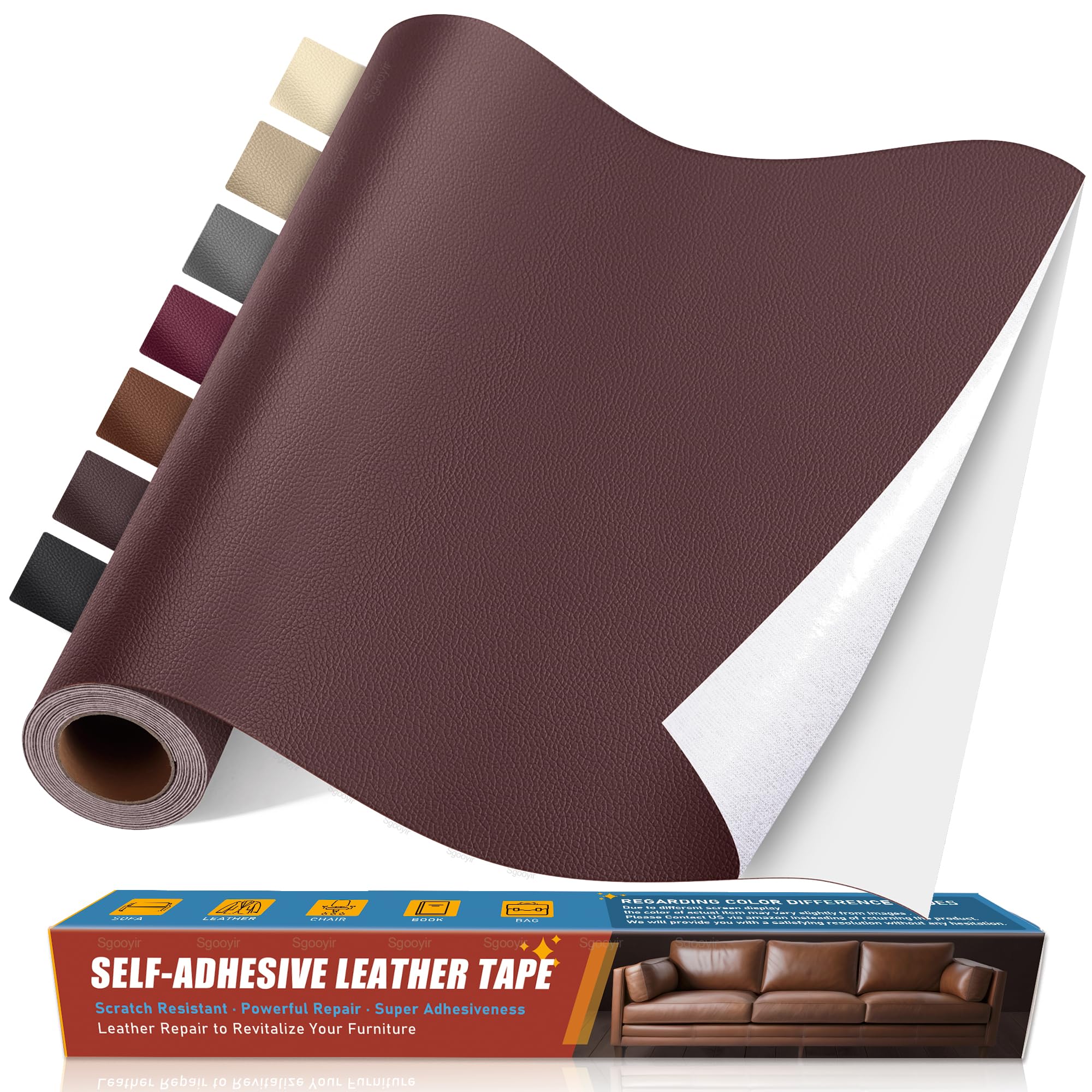 Sgooyir Self Adhesive Leather Repair Patch, 16"x 79" Large Leather Repair Tape for Couches, Vinyl Repair Kit for Furniture, Car Seat, Sofa, Chair Brown
