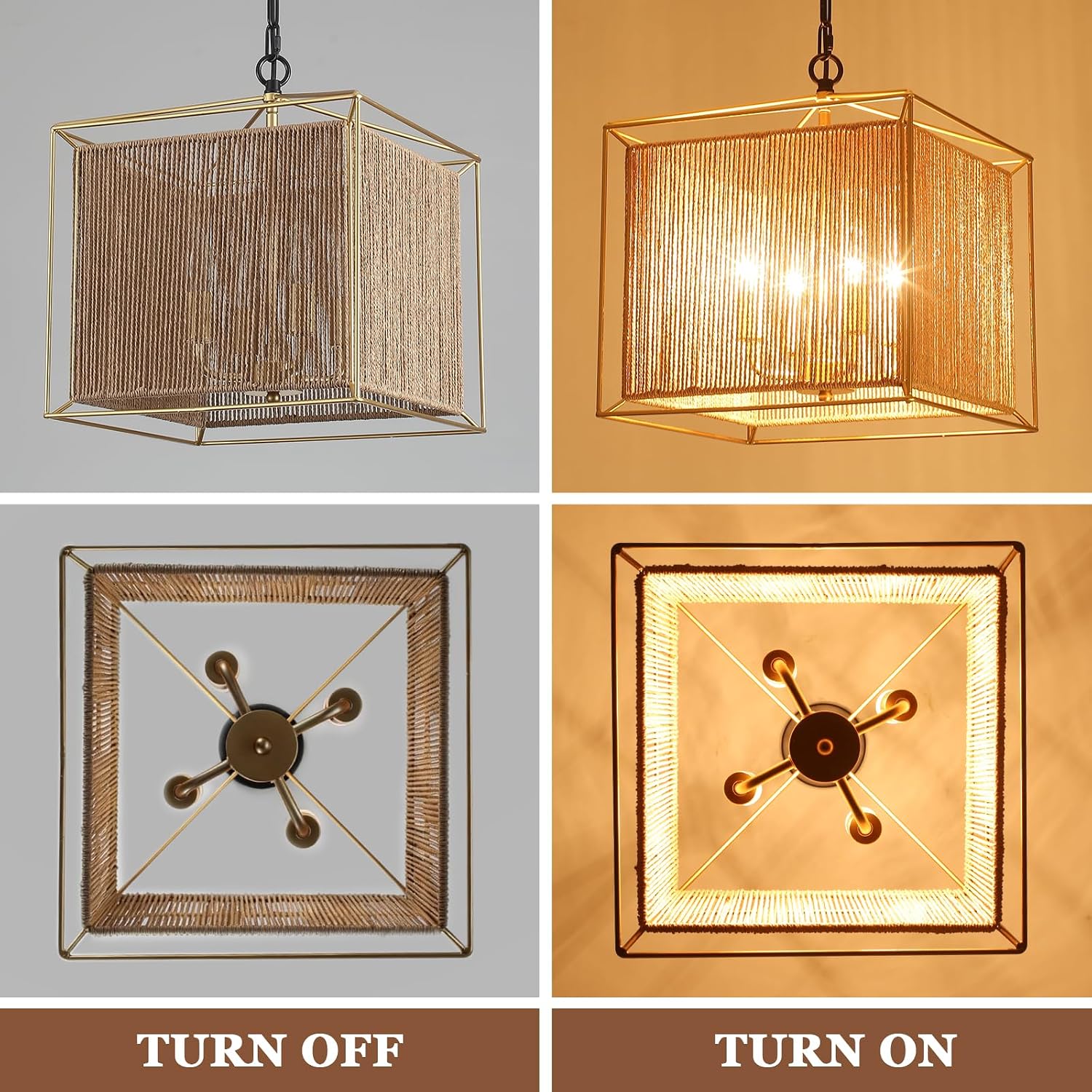 MEIJIA Farmhouse Rattan Chandelier, 4-Light Boho Light Fixture for Dining Room with Linen Shade, Hand Woven Rattan Pendant Light for Kitchen Island, Entryway, Bedroom, Height Adjustable