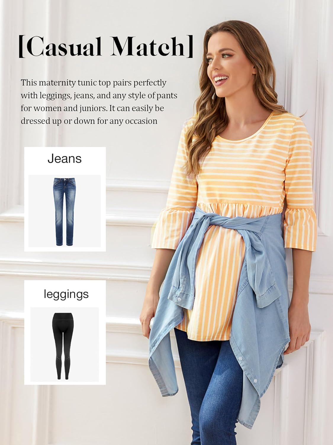 Ecavus Womens Casual Maternity Tops Striped Peplum 3/4 Ruffle Sleeve Shirt Ultra Soft Pregnancy Clothing - Image 5