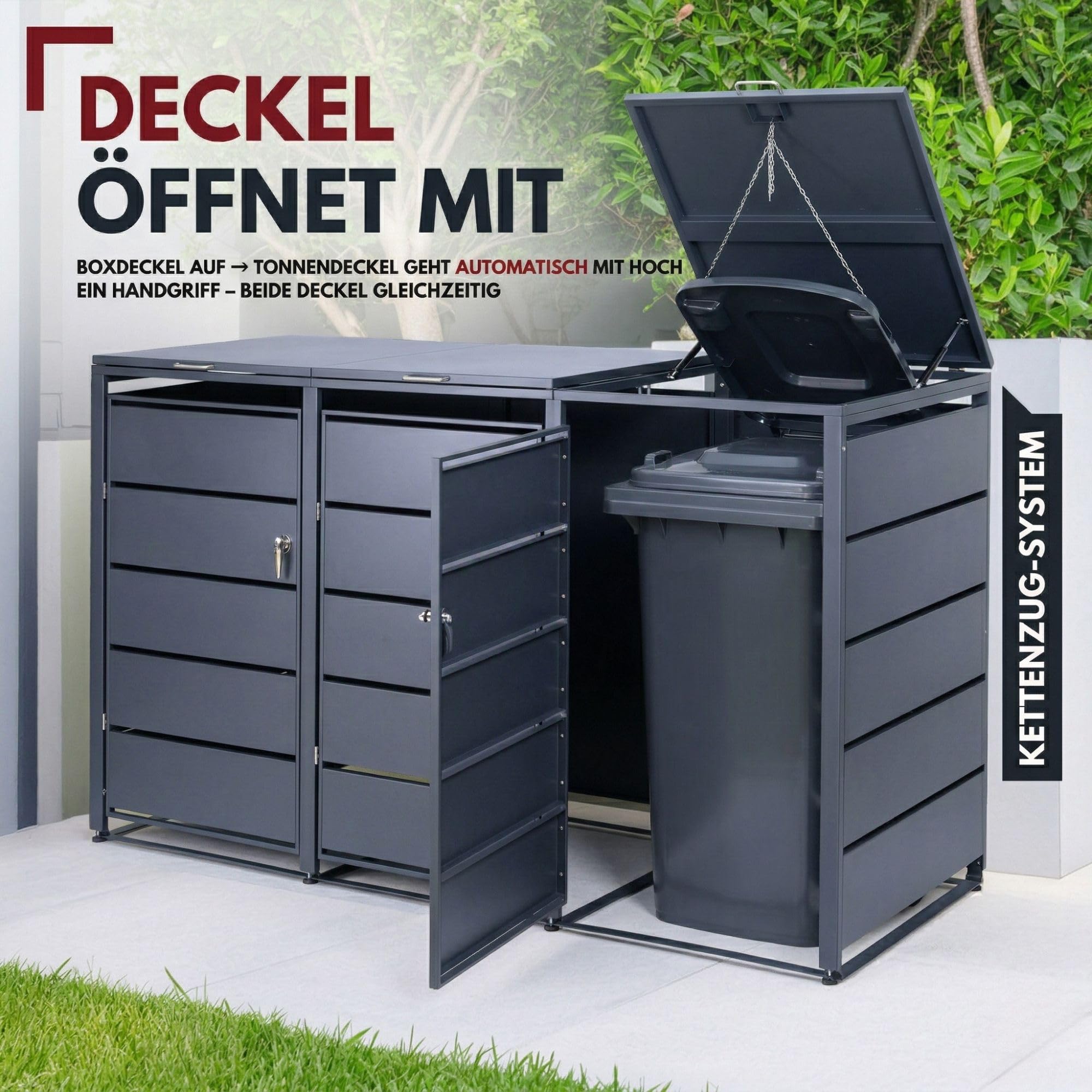 ALBATROS Mülltonnenbox 3er, 120L bis 240L, für DREI Tonnen, Mülltonnenverkleidung aus verzinkten Metall, Anthrazit Grau RAL7016, abschließbar, wetterfest, geprüft nach ISO9227, mit Aufkleber Set