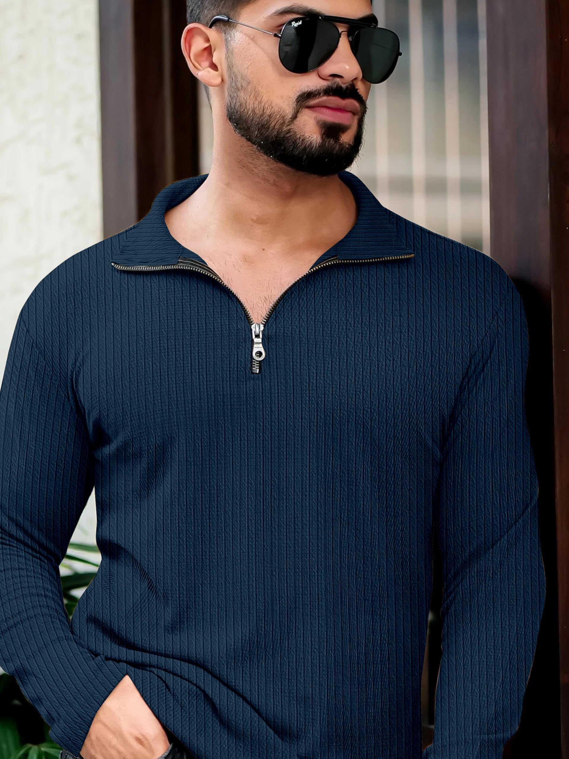 KAJARU Men's Quarter Zip Pullover T-Shirt, Cable Knit Pattern, Full Sleeve (in, Alpha, XL, Airforce) - Image 3 thumbnail