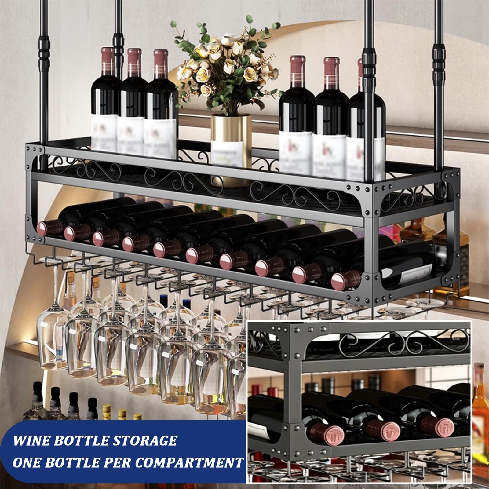 MARXAN Casier à vin Rangement Suspendu Multicouche pour Bar, Support Industriel monté au Plafond pour Le Stockage de Verres à Vin et de Bouteilles de Cuisine de Restaurant