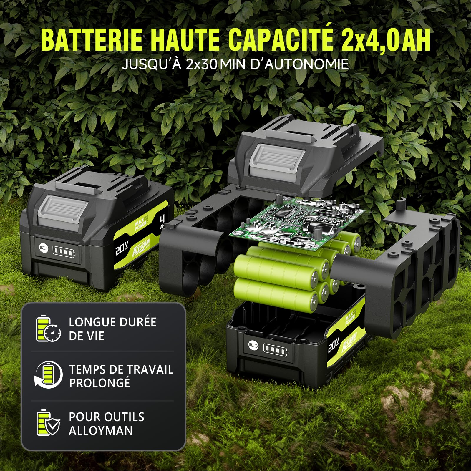 Alloyman Élagueur sur perche sans fil 20V MAX, élagueuse électrique avec tube d’extension, 2 batteries 20V 4,0 Ah et chargeur, lame de 20 cm, 4KG, vitesse de chaîne 5,5 m/s, lubrification automatique