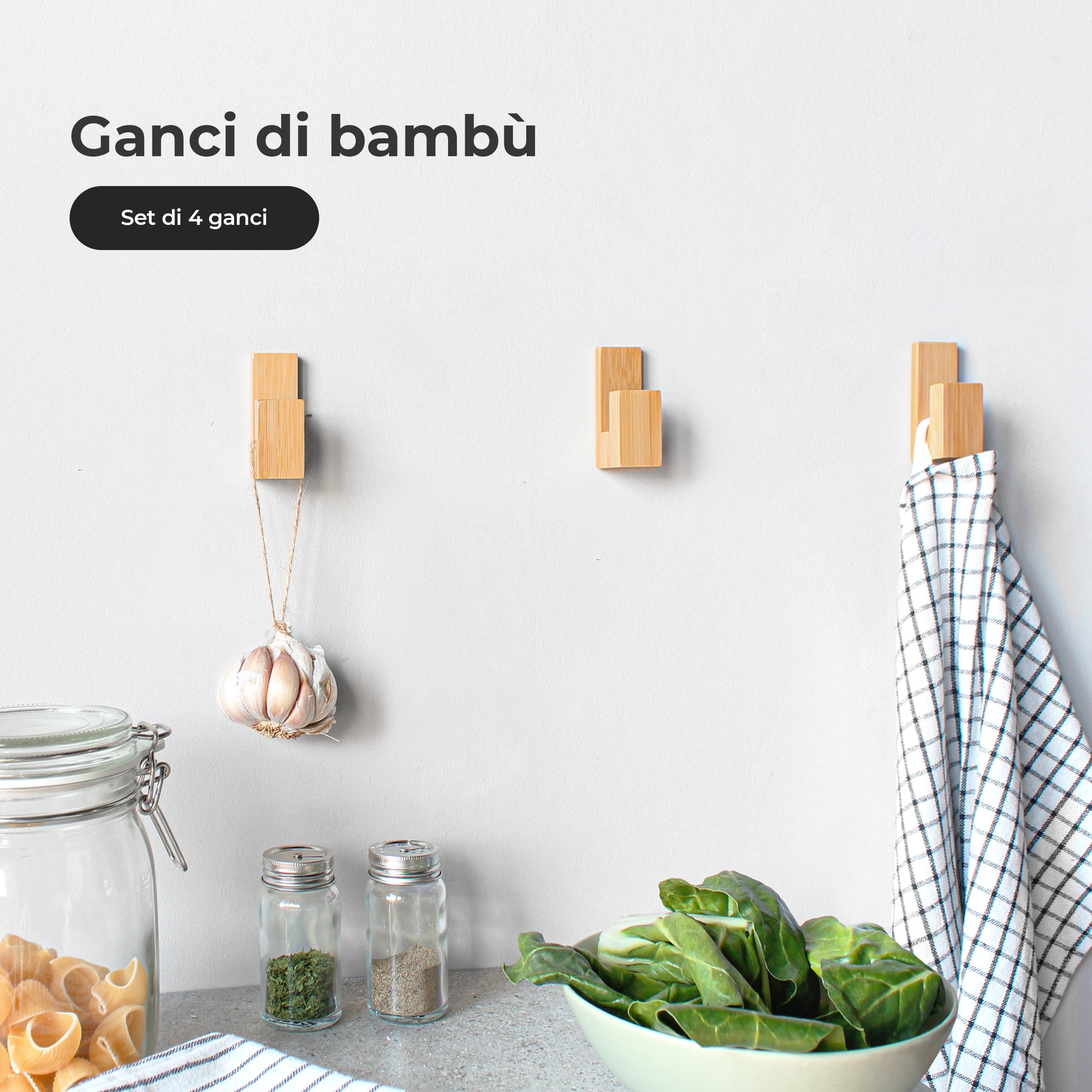 Set 4 Ganci Appendiabiti Adesivi - Appendini e Portaasciugamano da Bagno - Accessori Senza Forare - Appendi Accappatoio - Ganci di Bambù