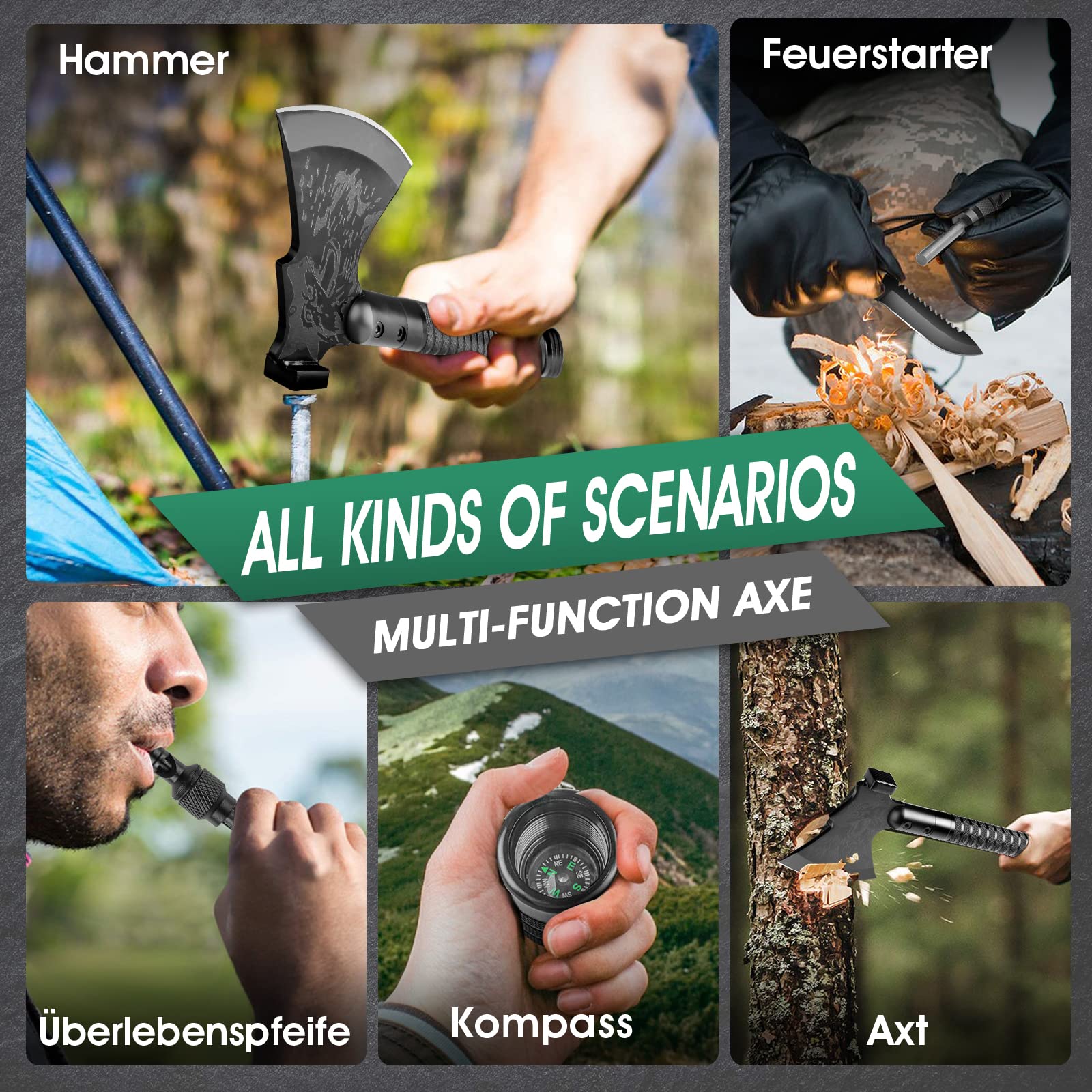 Japaknives Survival Axt 10 in 1, Spaltaxt für Holz, Schärfe Camping Beil, Multitool Campingäxte mit Outdoor Messer und Kompass，Handbeil mit Geschenkbox Schwarze äxte Set für Camping, Jagd, Garten