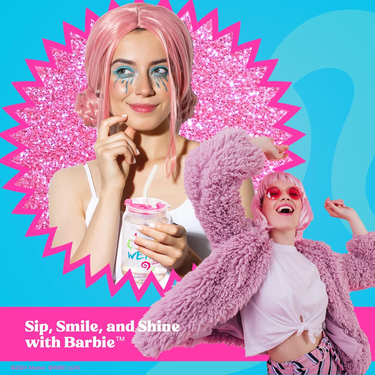 Dragon Glassware x Barbie The Movie - 16 oz Glass Cups with Lids and Straws, Set of 2 - Iced Coffee Cups with Lids - Versatile Glass Tumbler with Straw and Lid for Hot or Cold Drinks - Weird Barbie