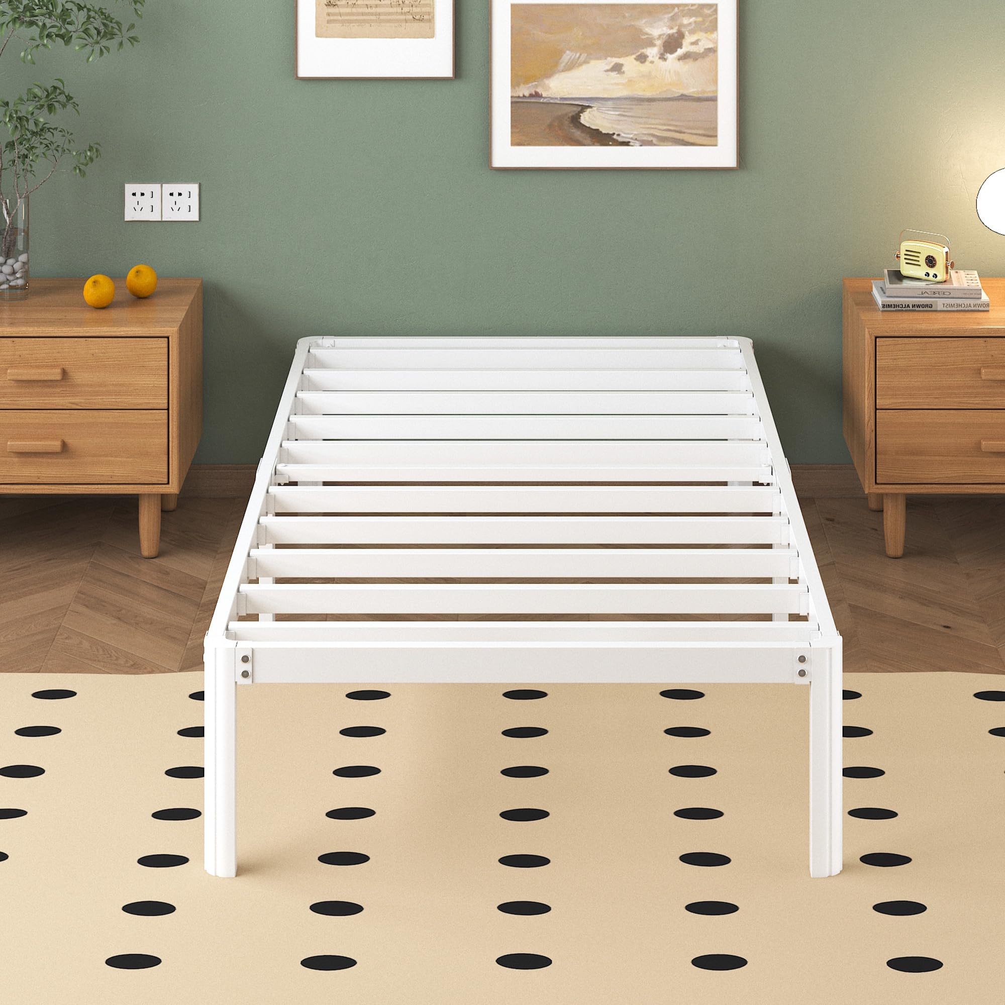 Cama 75x190 cm con Patas Curvadas, Estructura Metal Resistente, Somier Láminas, Blanco