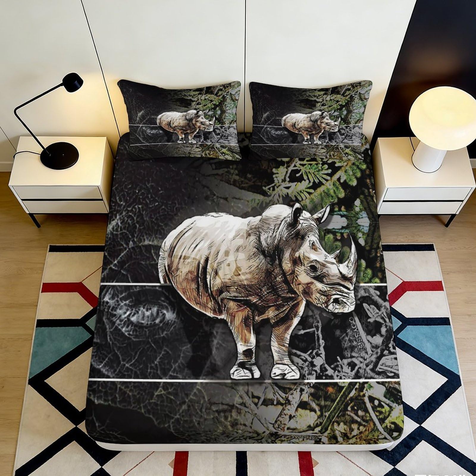 3D Printed Rhino Safari Fitted Sheet Microfiber Anti-Slip Animal Forest Mattress Cover Bedroom Decor Machine Washable 90x200x25cm