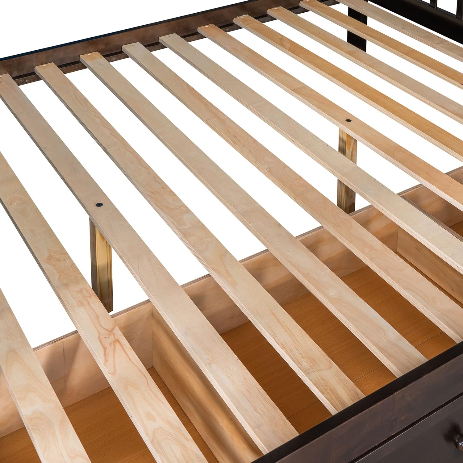 Close-up of the wooden bed slats for mattress support