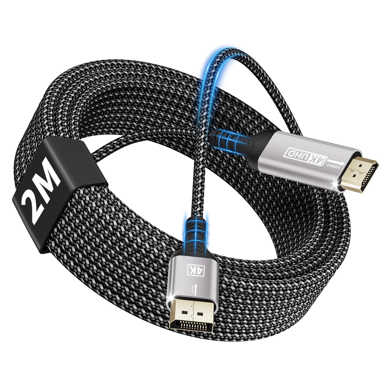 Câble DisplayPort vers HDMI 4K 2M, Unidirectionnel DP vers HDMI Mâle UHD 4K@30Hz/2K@60Hz/1080P@120Hz, Cordon DP vers HDTV en Nylon pour Dell, Vidéoprojecteur, PC de Bureau, NVIDIA, Lenovo, HP