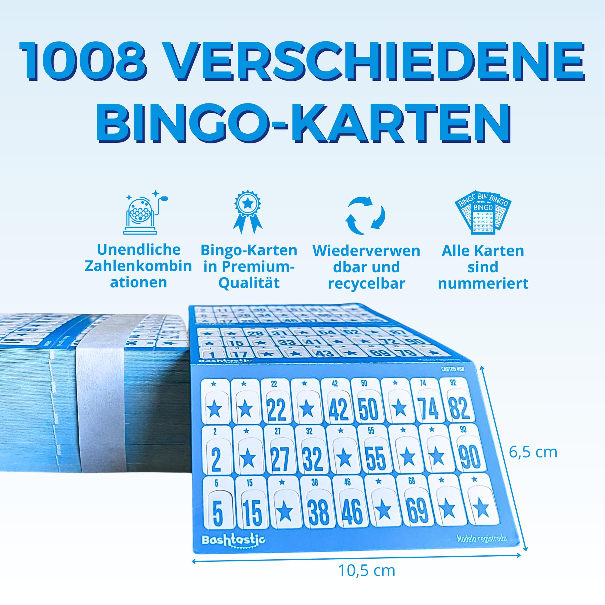 Bingo Karten - Gestanzte Bingokarten, Bingo Spiel Erwachsene, Wiederverwendbare Bingokarten, nummeriert und unterschiedlich voneinander. (Blau, 1008 Bingo Karten)