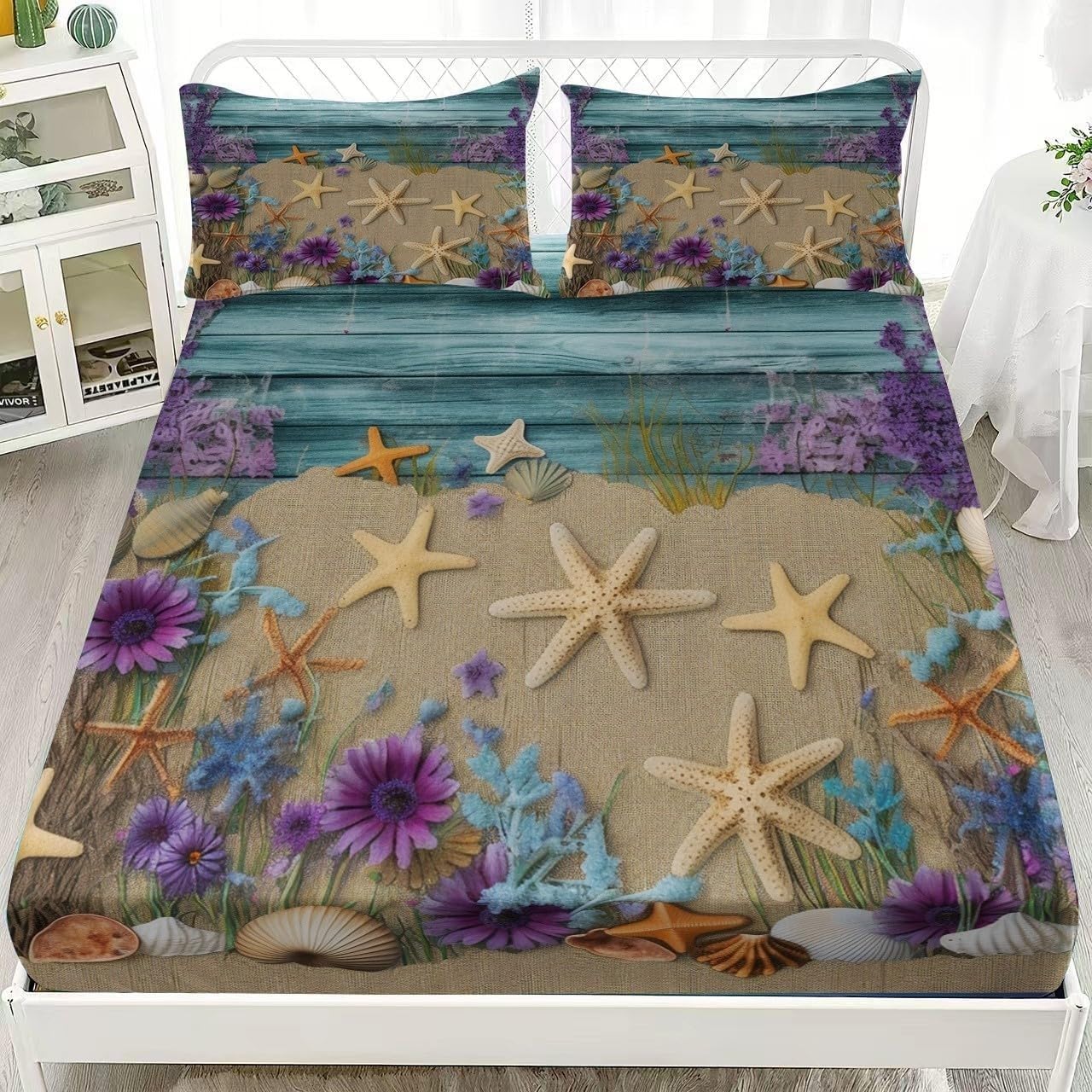 Bsyyzqc Boys Seashell Double Fitted Sheet Beach Bed Sheets Deep Pocket 12 Inch (30 Cm) Soft Cozy 3 Piece Microfibre Bed Sheet 135X190 Cm With 2 Pillowcases 50X75 Cm