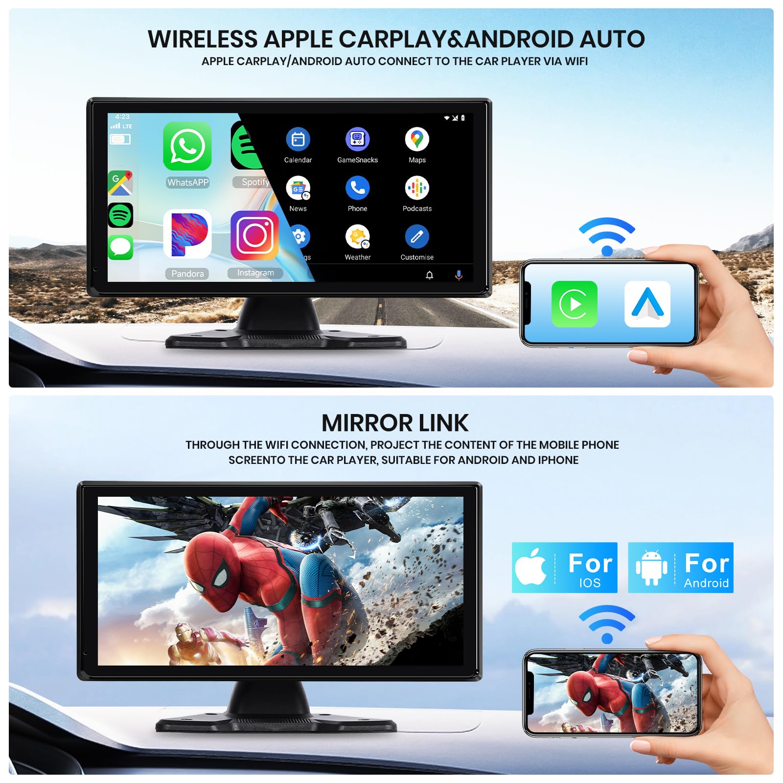 Hodozzy Kit Caméra de Recul 4K avec 4 Caméra AHD Filaire, CarPlay sans Fil Android Auto, Voiture Écran Tactile 10,36 Pouces 4 Split Moniteur, Bluetooth, FM Loop Recording USB/TF Écran CarPlay