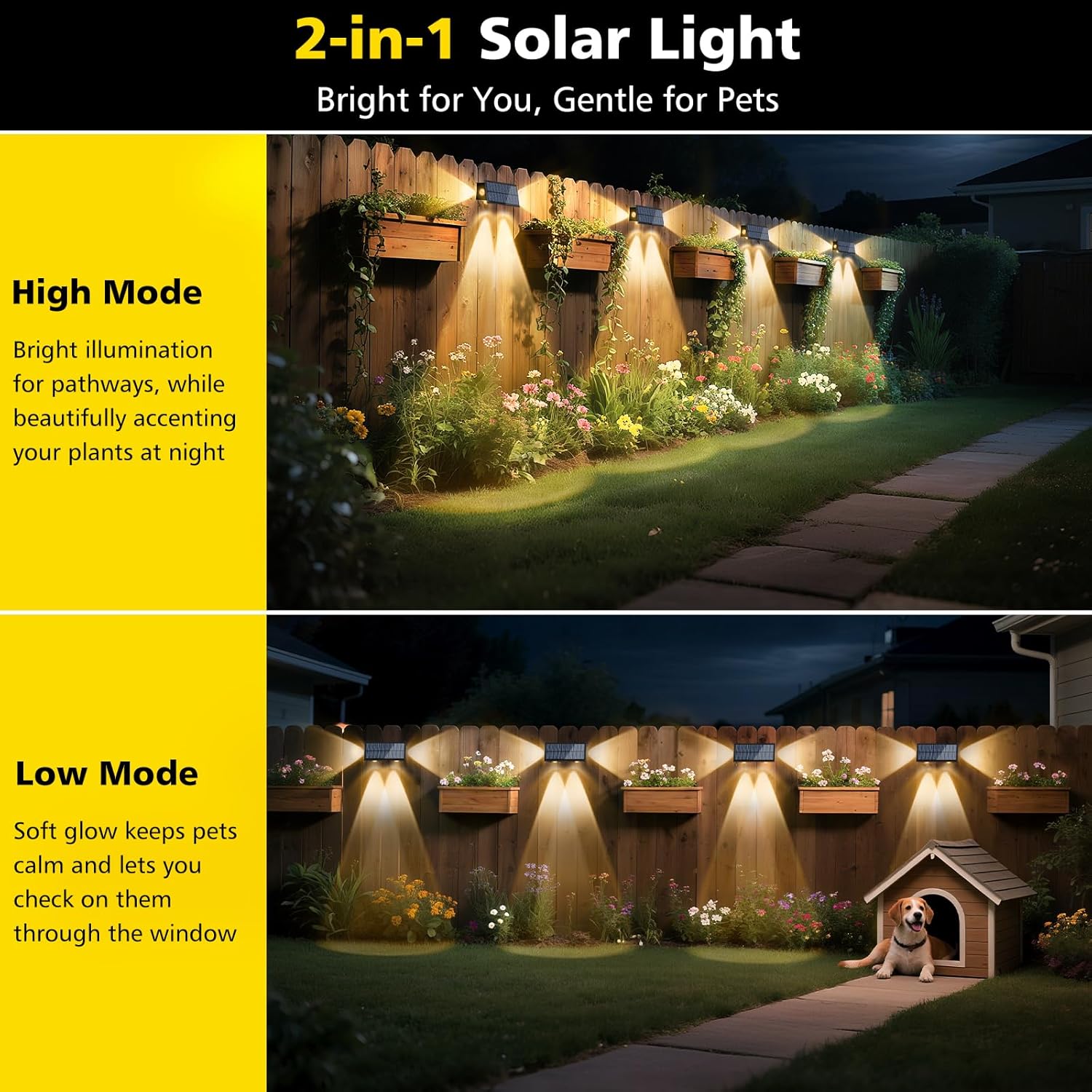 T-SUN Solar Fence Lights Waterproof LED Wall Lights Outdoor with 2 Bright Modes Warm White Solar Powered Dusk to Dawn Fence Light for Backyard Railing Patio Porch Pool 4 Pack