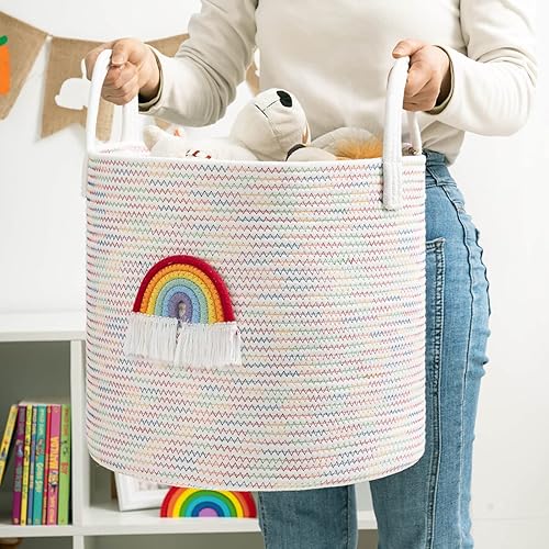 Miniatura 9 de Goodpick Cesta de guardería para bebé, canasta alta para ropa sucia para niños, cesta de cuerda de algodón colorida, canasta tejida arco iris, cesta