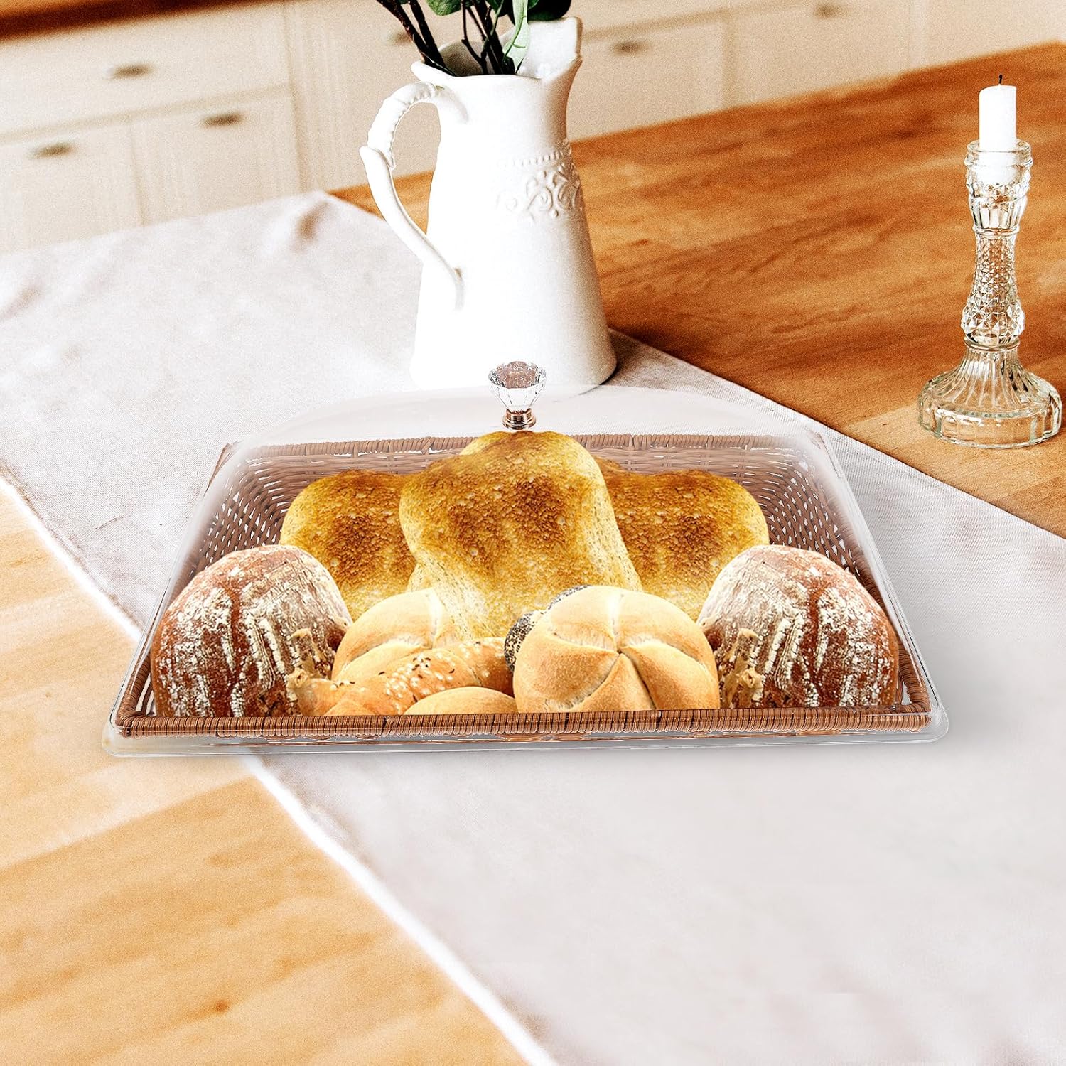 Amosfun Rattan Bread Basket with Lid, Rectangular Wicker Basket, Food Storage Basket, Serving Bowl for Bread Snack Fruit Vegetable Kitchen Counter Organizing 41X26X18CM