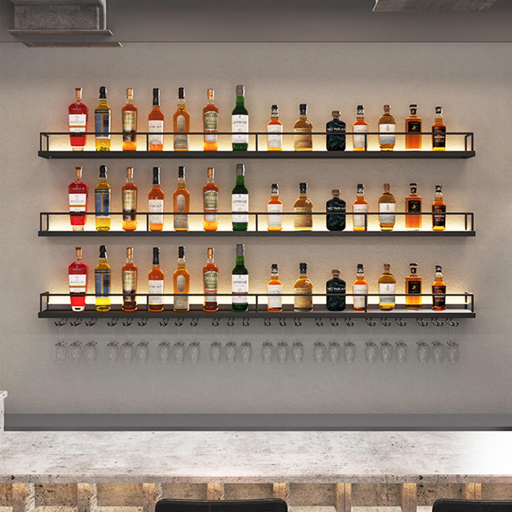 Étagère à vin murale avec support verres suspendus et LED pour bar maison
