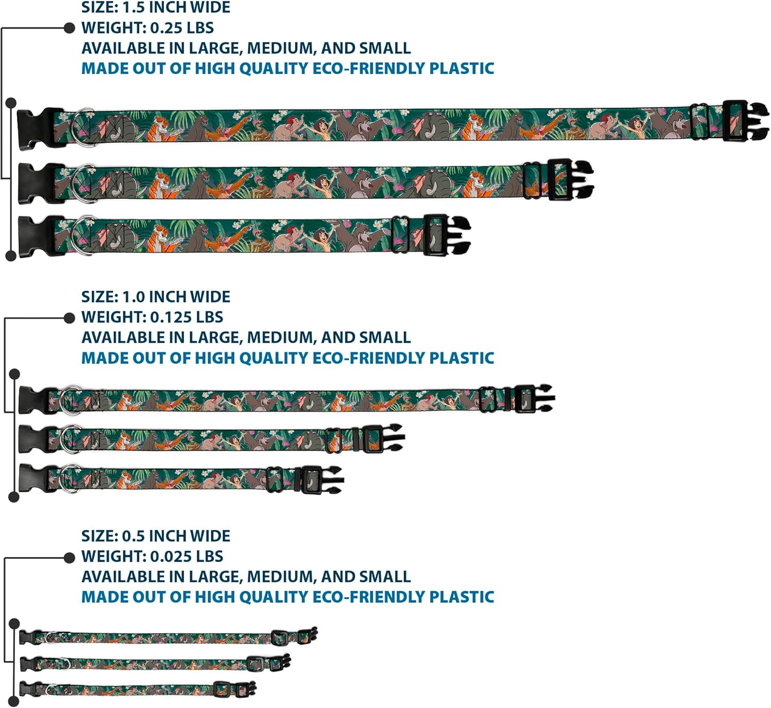 Buckle-Down Plastic Clip Collar - The Jungle Book 8-Character Group Greens - 1.5" Wide - Fits 16-23" Neck - Medium