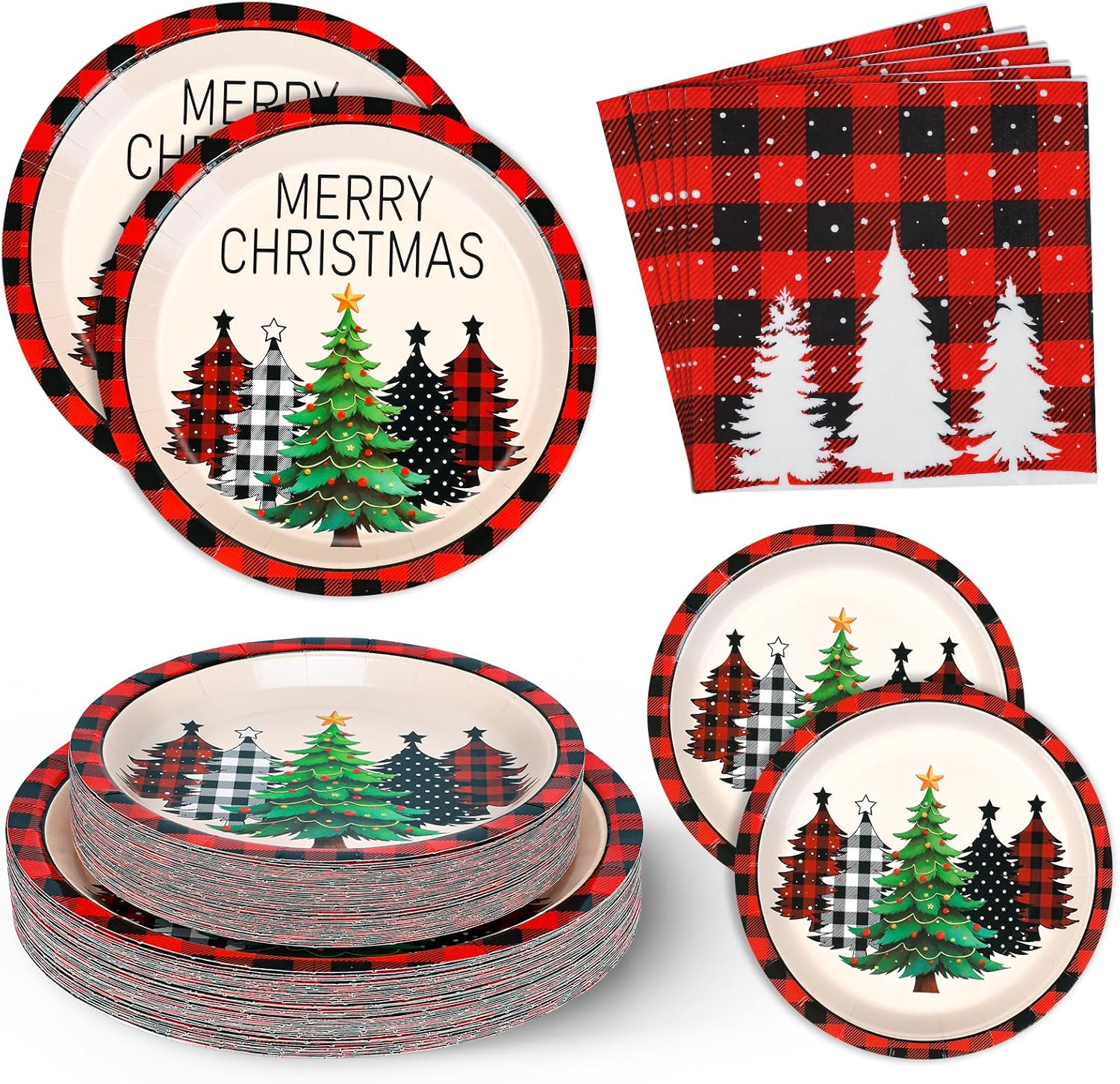 200Pcs Christmas Paper Plates and Napkins Sets, Disposable Buffalo Plaid Christmas Tree Plates and Napkins for Winter Xmas Party Supplies