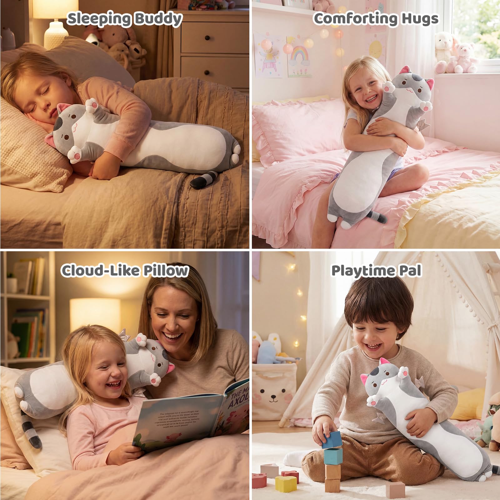 Mewaii Carino Gatto in Peluche Cuscino lungo Cuscino Animale Bambola Giocattoli Kawaii Soffici Comfort Cuscino in Peluche per Regalo per Bambini dai 3 anni in su, 50 cm, Gatto Grigio)