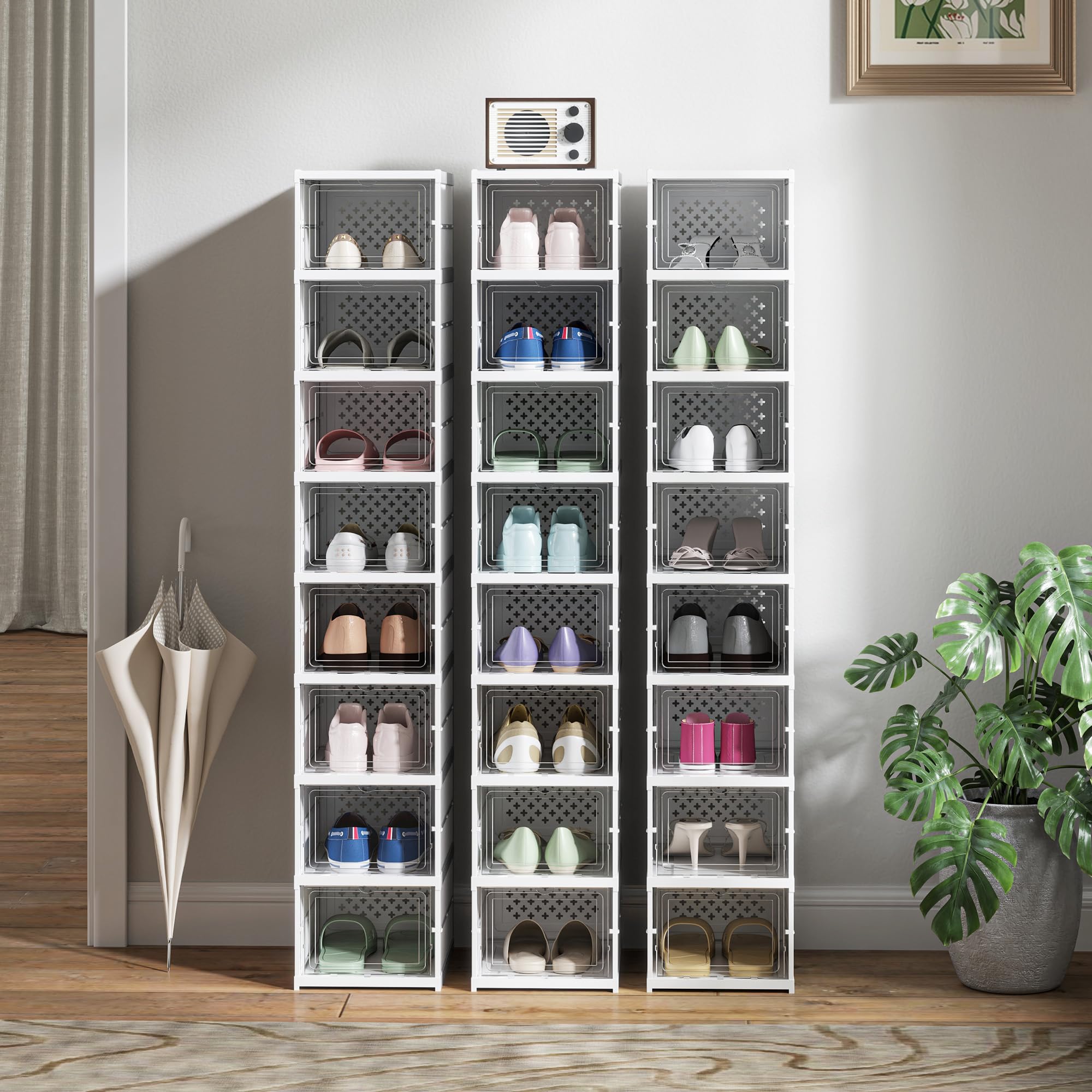 HOMCOM Cajas para Zapatos Apilables, Juego de 8 Organizadores para Zapatos Portátil, Zapatero Plegable con Puertas Transparentes, hasta Talla 43, No Requiere Montaje, Blanco