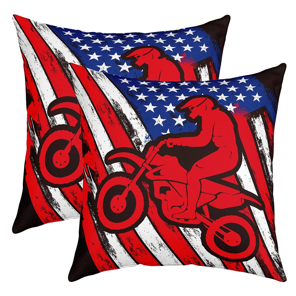 Loussiesd Flag Pillow Covers 20x20 Set of 2 Dirt Bike Decorative Throw Pillow Covers Cases Home Decor Extreme Sports Racing Motocross Rider Motorcycle Red Blue Cushion Case for Sofa Outdoor โ image 1