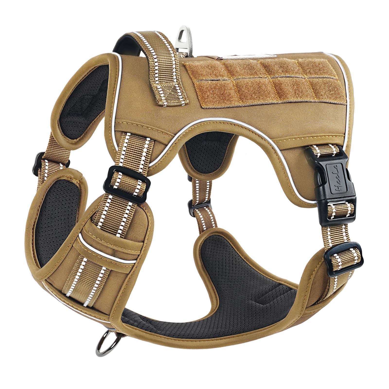 HEELE Hundegeschirr, Metall Taktisches Geschirr, Taktische Hundeweste, Service Hundegeschirr, MOLLE Sicherheitsgeschirr, Brustgeschirre für Hunde, Laufgeschirre für Hunde, Braun, L