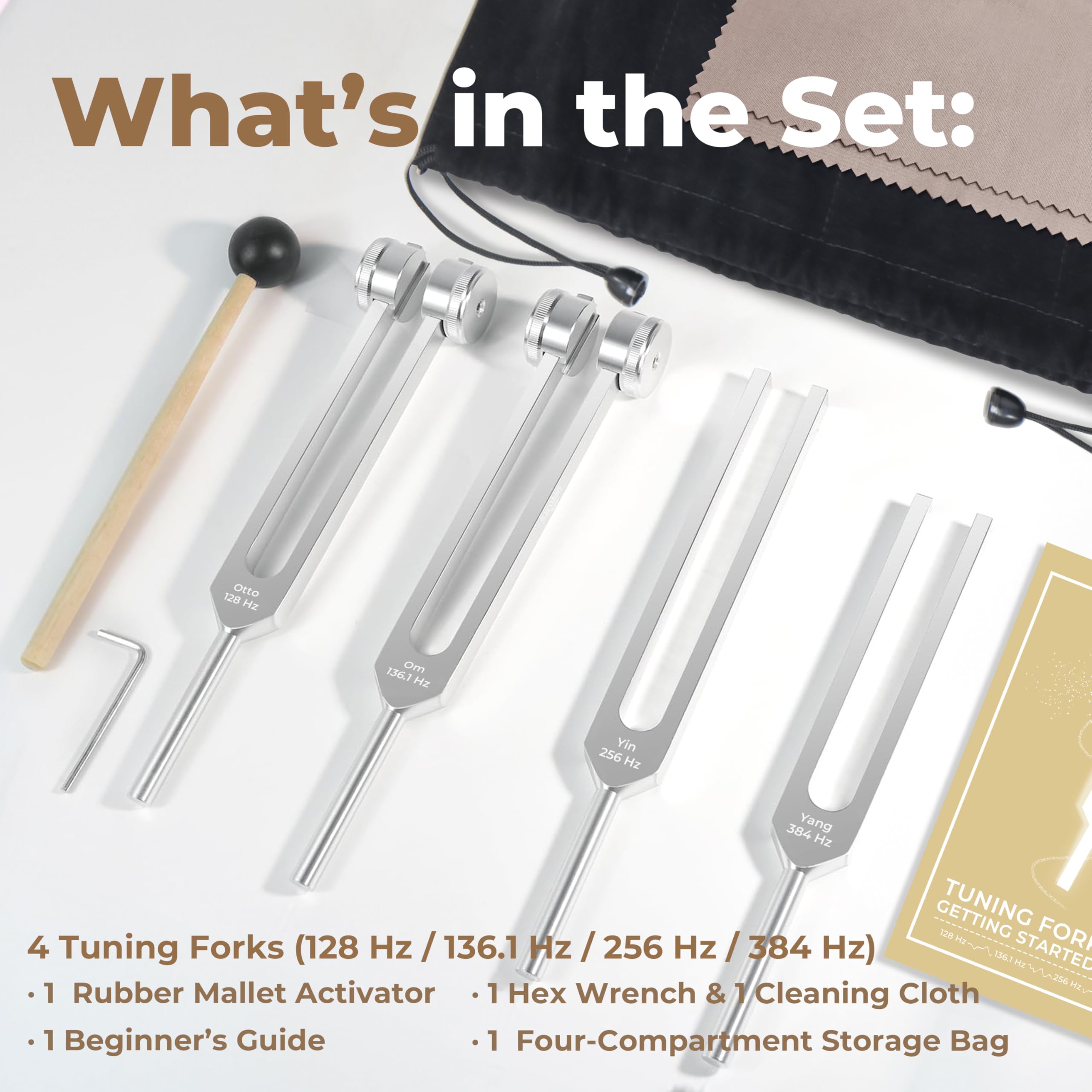 Tuning Forks for Healing Set (128Hz, 136.1Hz, 256Hz, 384Hz), Weighted & Unweighted Tuning Forks with a Rubber Mallet - Image 2