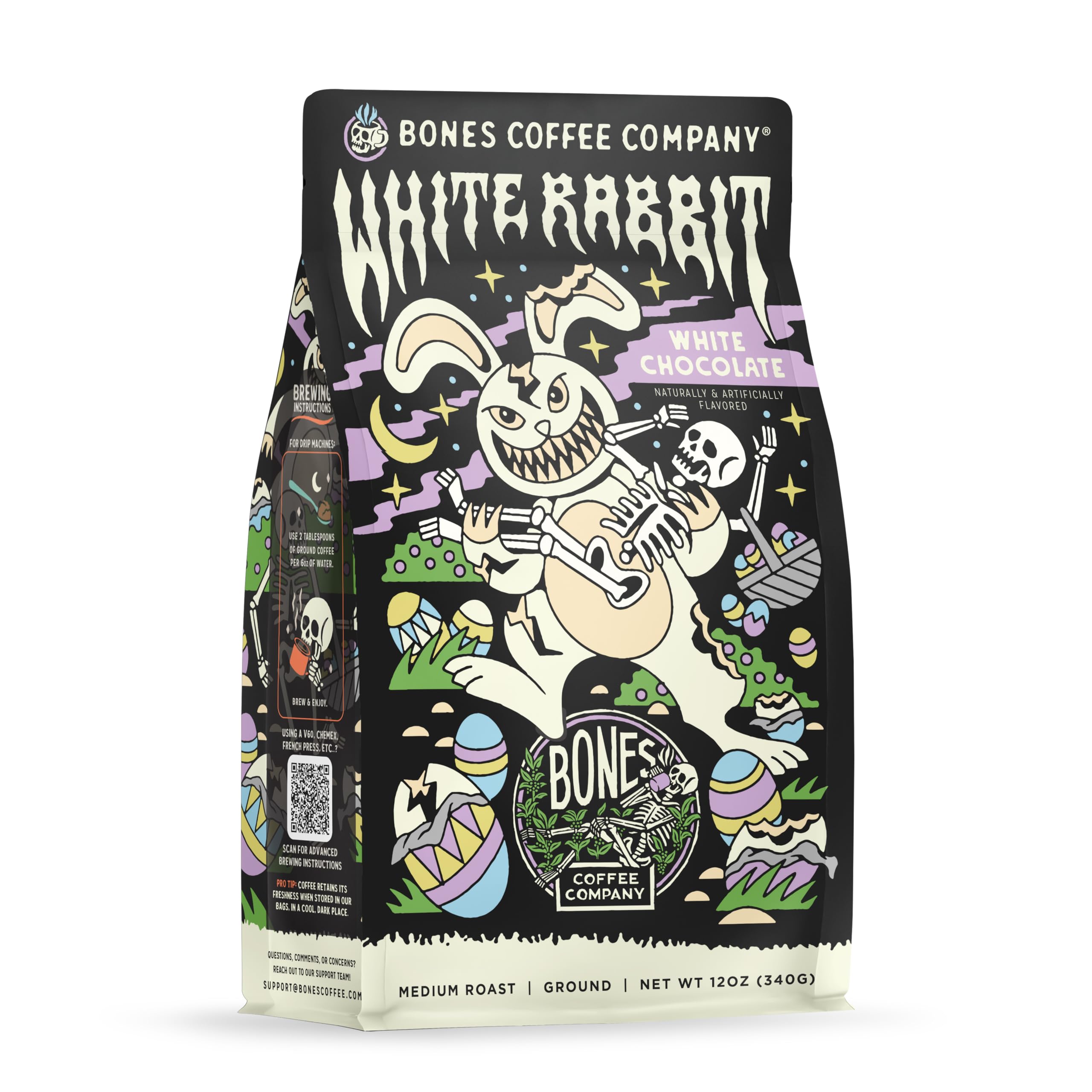 Bones Coffee Company White Rabbit, White Chocolate Flavored Coffee, Medium Roast Low Acid Arabica Beans Compatible with Auto drip and French Press