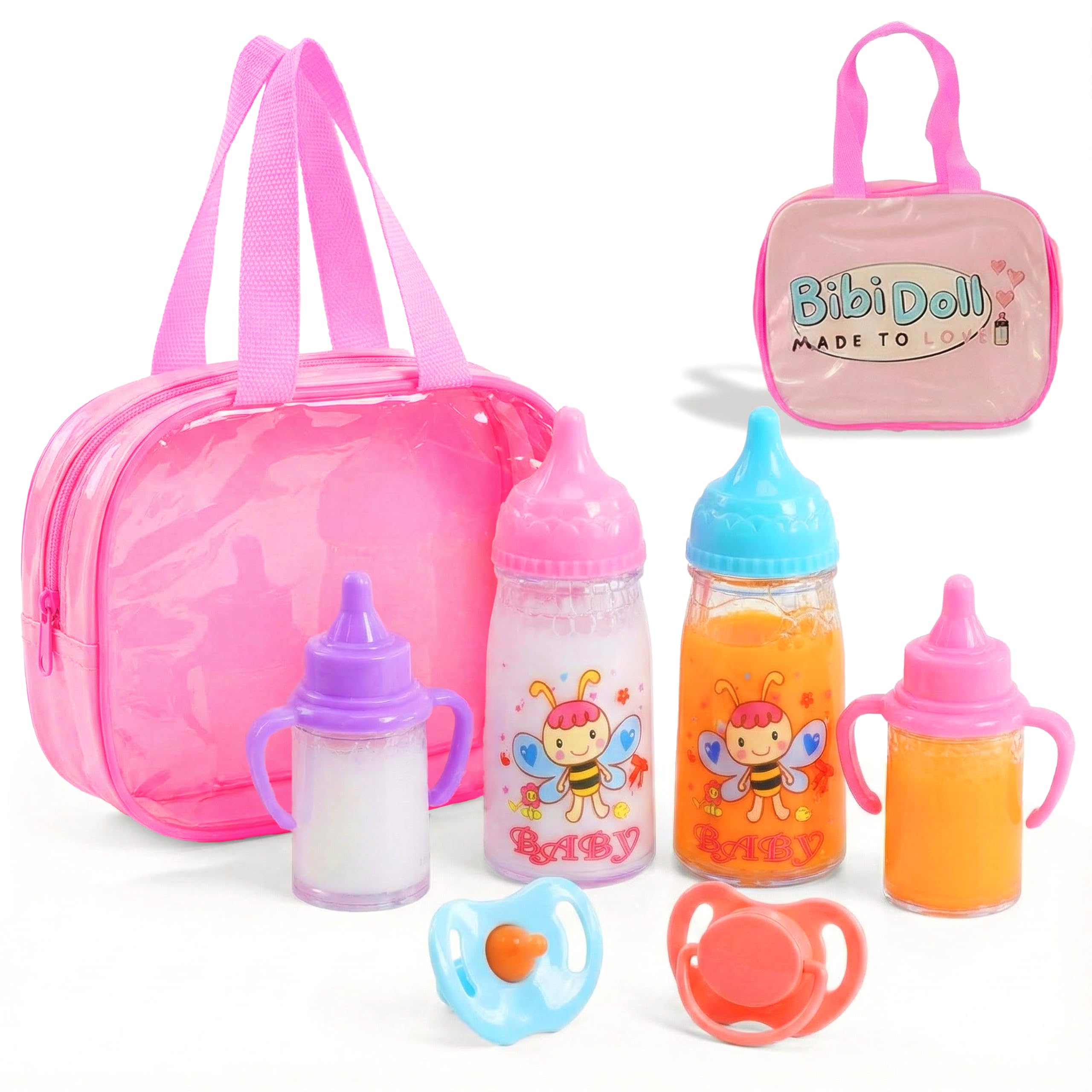 BiBi Doll 7-Piece Baby Doll Accessories Set – Magic Milk Bottles, Juice Bottles, Dummies & Carry Bag for Realistic Role Play – Great Gift for Boys and Girls