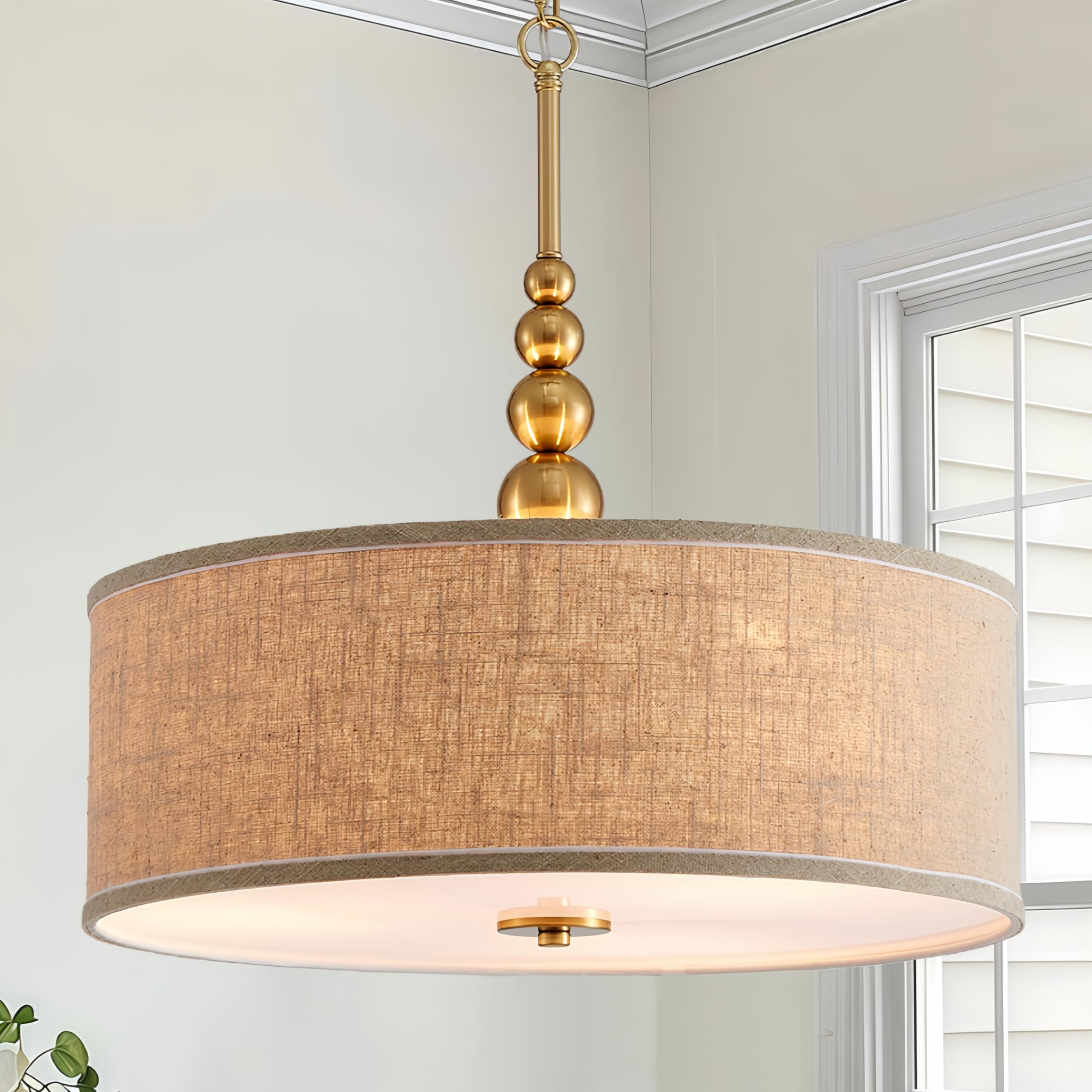shrine lighting drum chandeliers, farmhouse style, perfect drum pendant light for dining room, d20'' x h7'', adjustable chains 59'', e26*3 sockets, beige linen fabric lampshade & gold rod