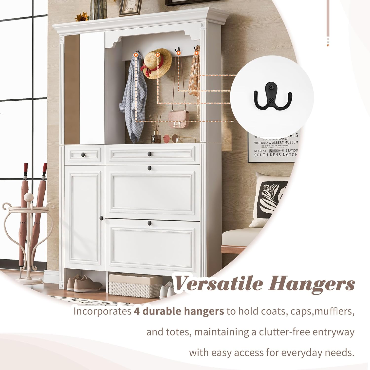 White 54.7" Tall Hall Tree with Shoe Storage and Mirror, Slim Entryway Hall Tree with Bench, Mudroom Storage and Hooks, 4-in-1 MDF Entryway Coat Rack for Small Spaces