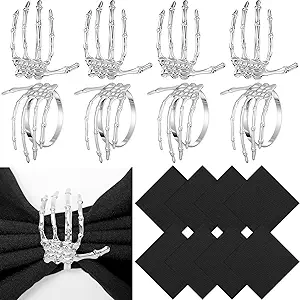 16 Pcs Halloween Napkin Rings Set Include 8 Pcs Halloween Skeleton Hand Napkin Holders with 8 Solid Black Dinner Napkins for Dinner Parties