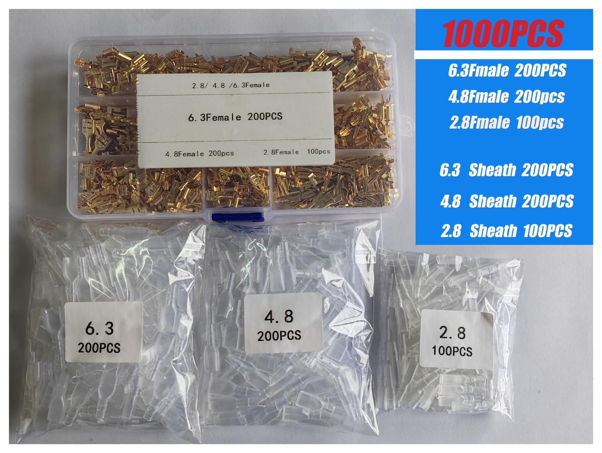 900Pcs Gold 2.8/4.8/6.3mm Male and Female Spade Quick Connectors Wire Crimp Terminal Block with Insulating Sleeve for Electrical(1000PCS)