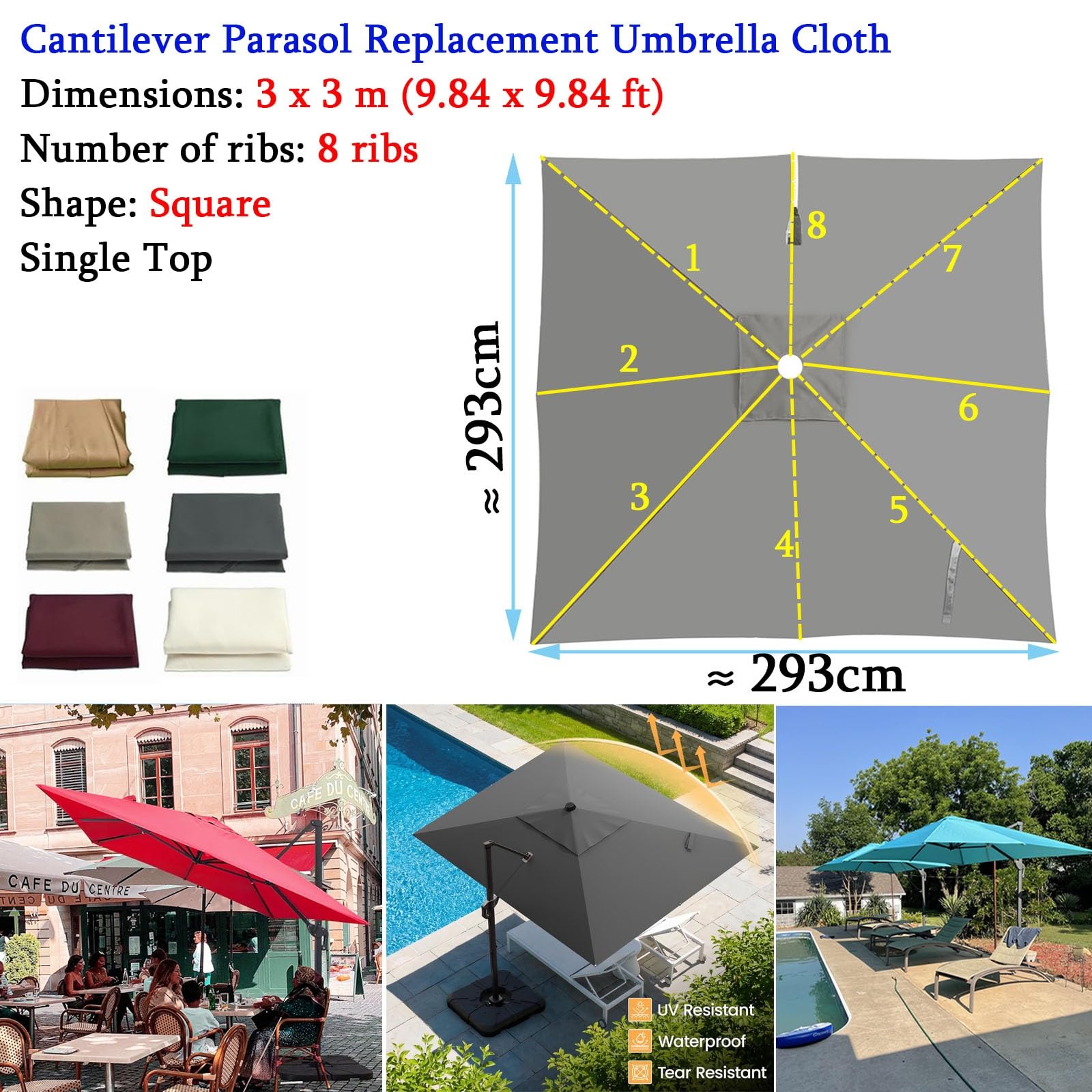 Grandes Baldacchino Di Ricambio 8 Stecche Telo Di Rechange Per Ombrellone A Sbalzo, Protezione UV50+, Antipioggia, Grigio Kaki Bianco, Quadrato Vela Copertura Di Sostituzione(Dark green,3X3m)