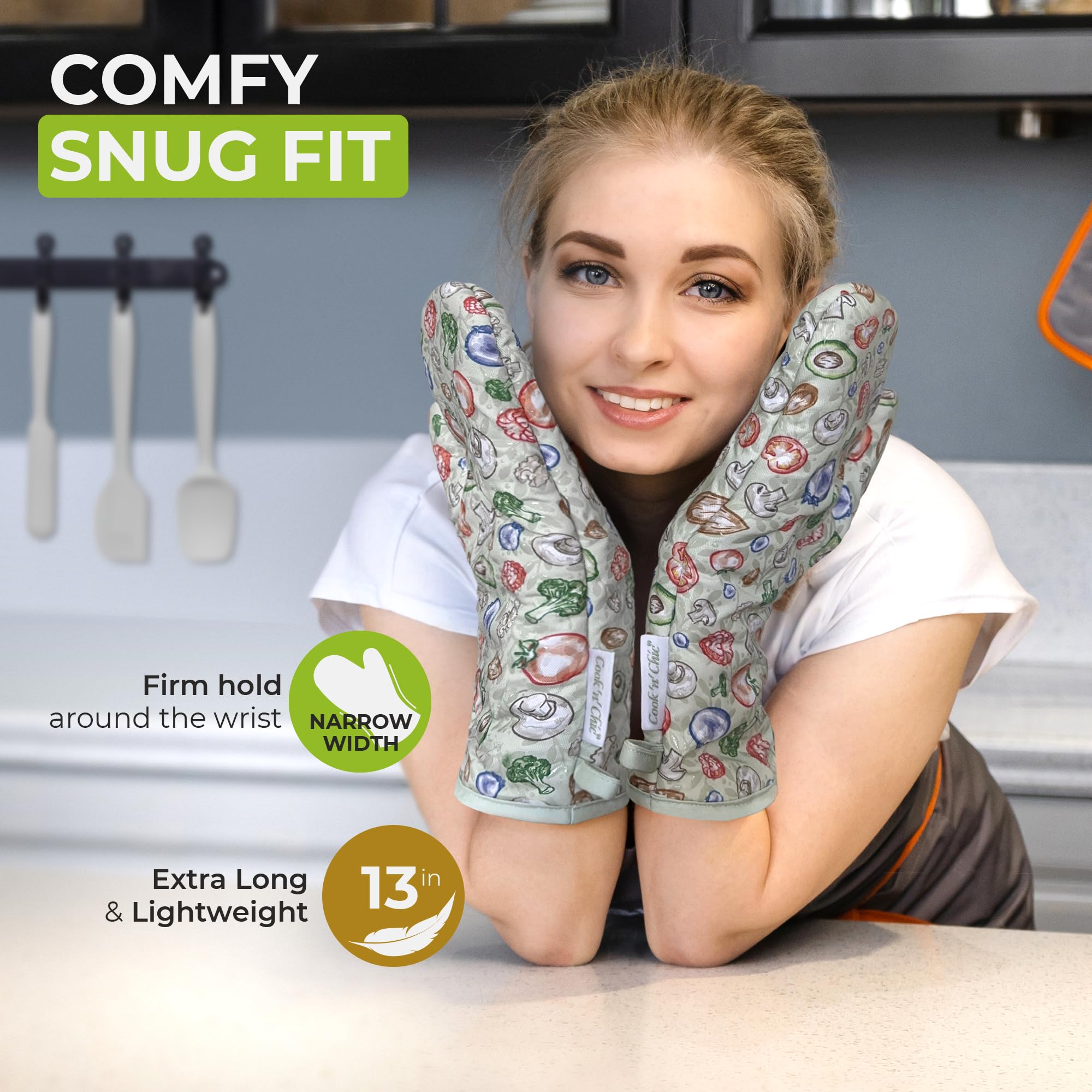 Cook'n'Chic - Guantes de horno resistentes al calor, elegantes y hermosos, agarre de silicona platino antideslizante, largos y gruesos, exterior 100% algodón natural y forro de tela de rizo suave,