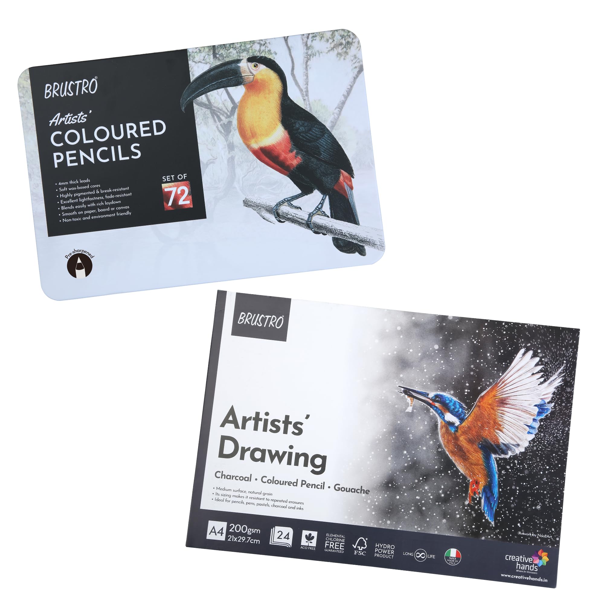 BRUSTRO Artists Colour Pencils | Set of 72 (in Elegant tin Box) with Drawing Glued Pad |Ideal for Coloring, Vibrant Shades, Break & Fade Resistant, DIY Art, Portrait, Fine Art Students.