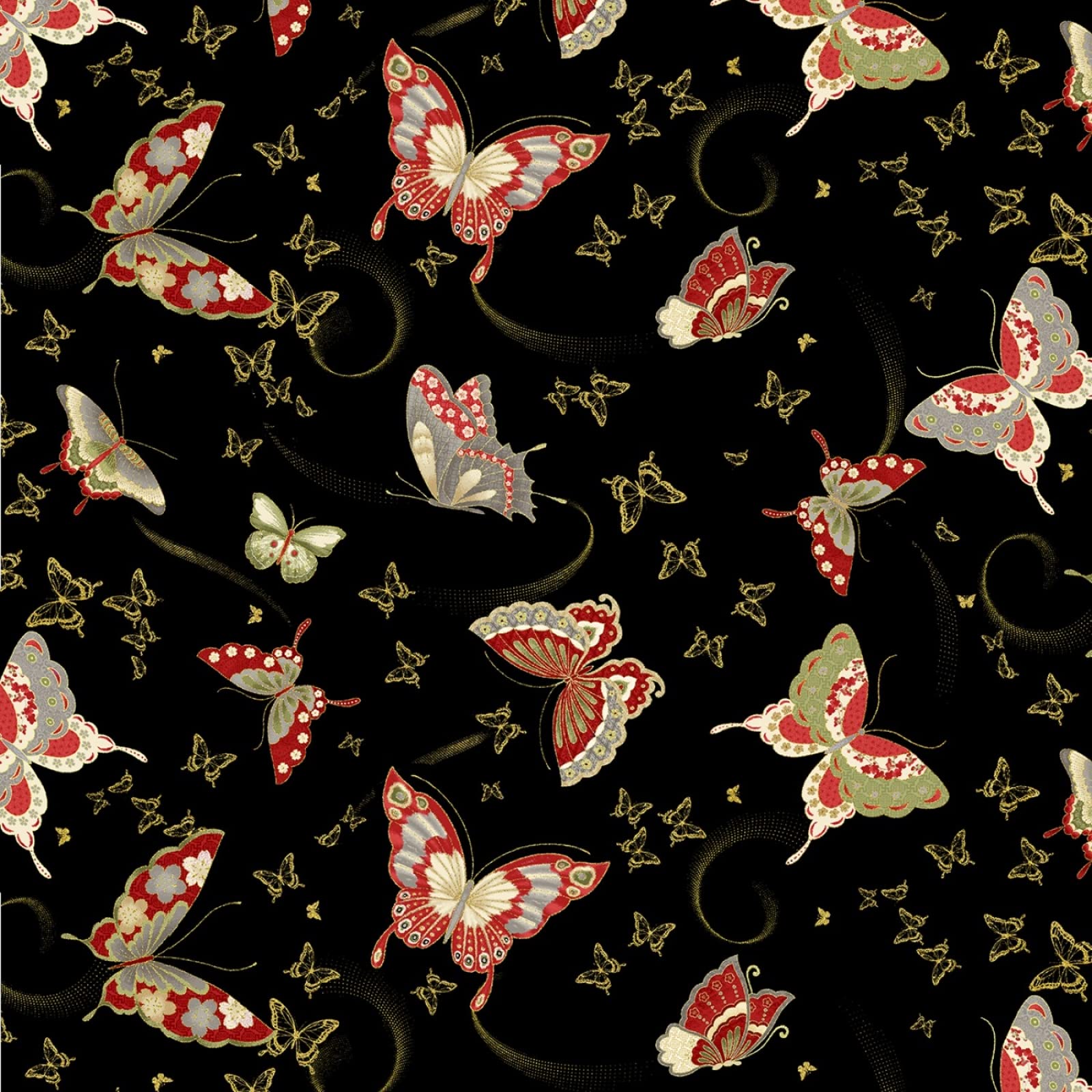 Timeless Treasures Kyoto Garden by Chong-A Hwang CM1668 Black Asian Butterflies w/Metallic