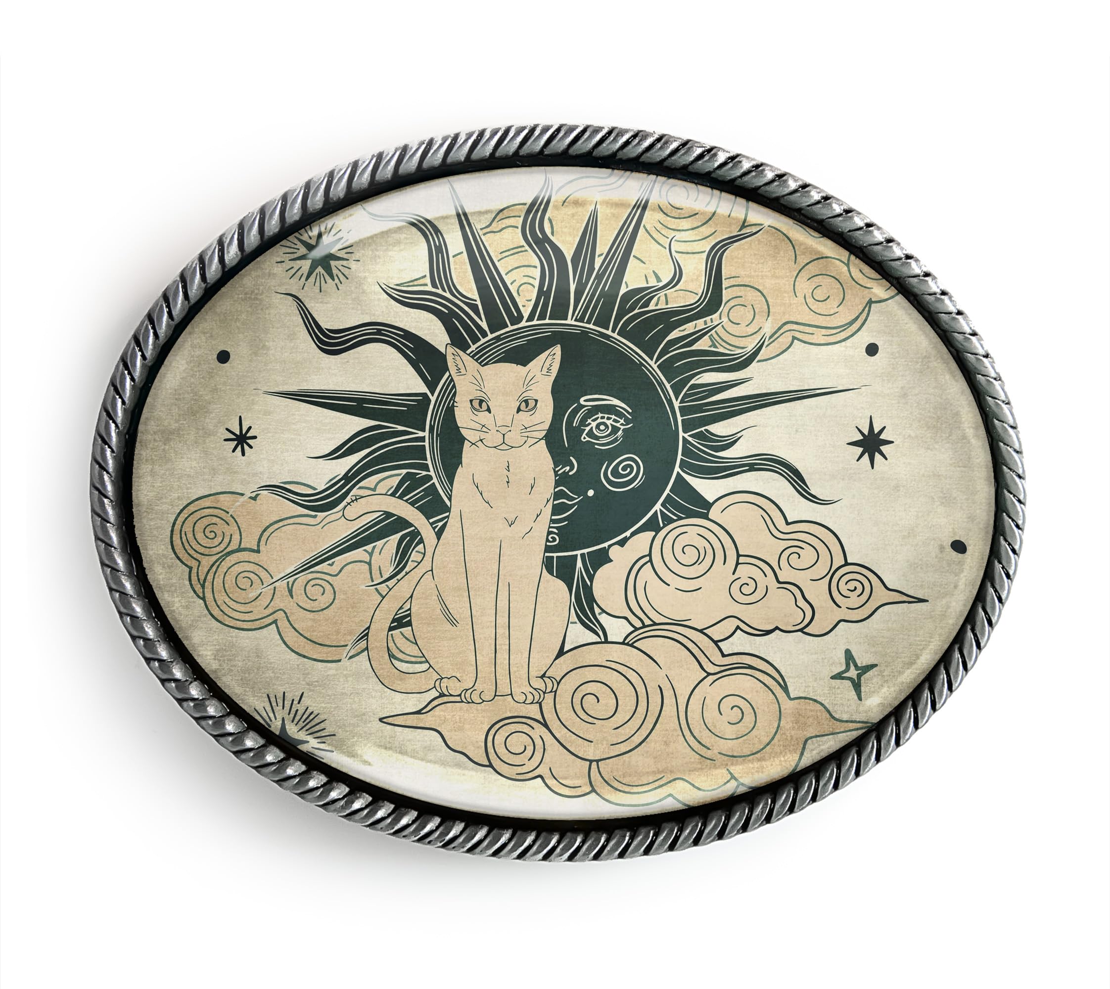 Mystic Cat Belt Buckle - Light Celestial Sun Art Handmade Artisan Buckle (Antique Silver)