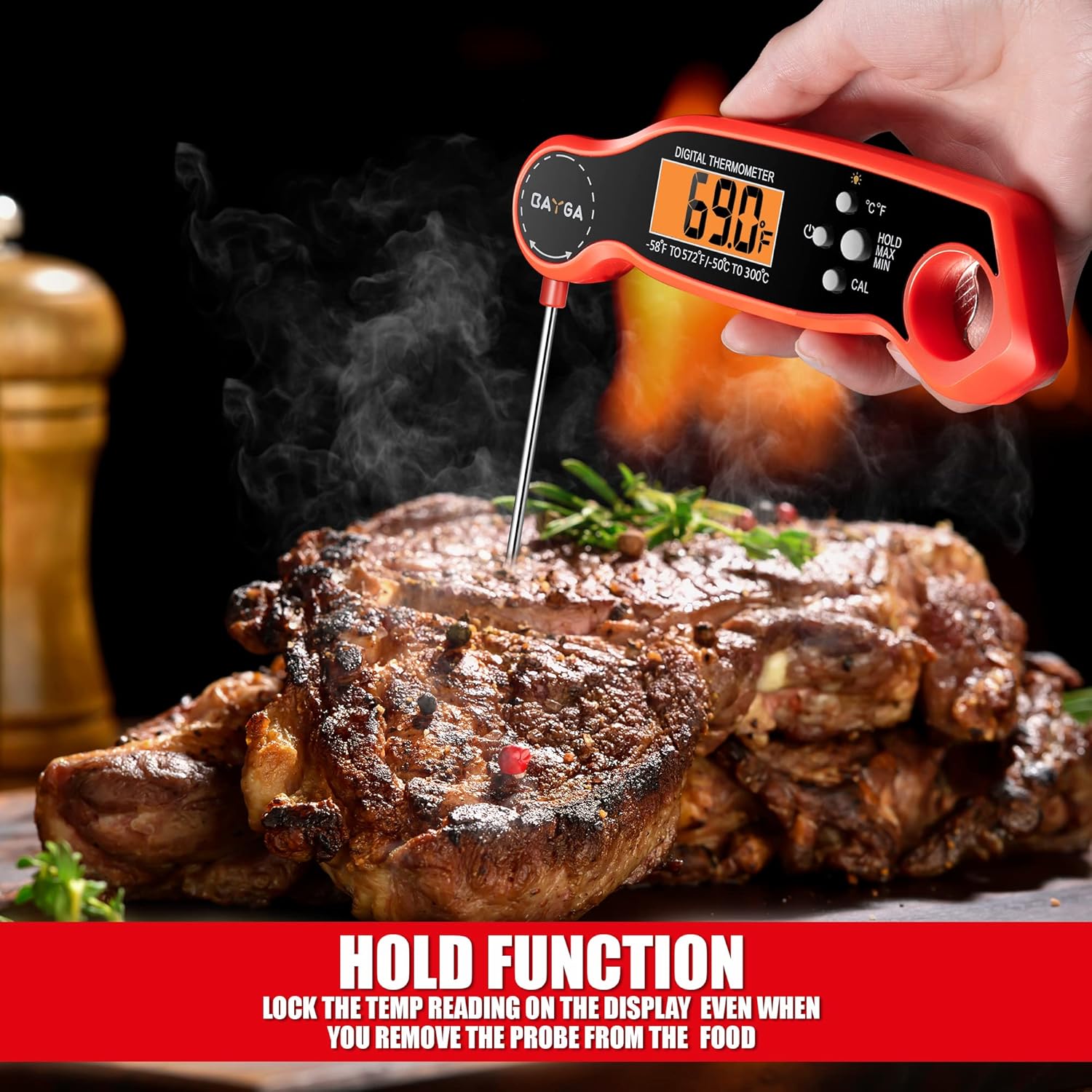 review BAYGA Meat Thermometer, Instant Read Food Thermometer with LCD Backlight, Calibration and Waterproof Ultra Fast Digital Cooking Thermometer for Candy Deep Fry Liquids Turkey Kitchen Baking Smoker