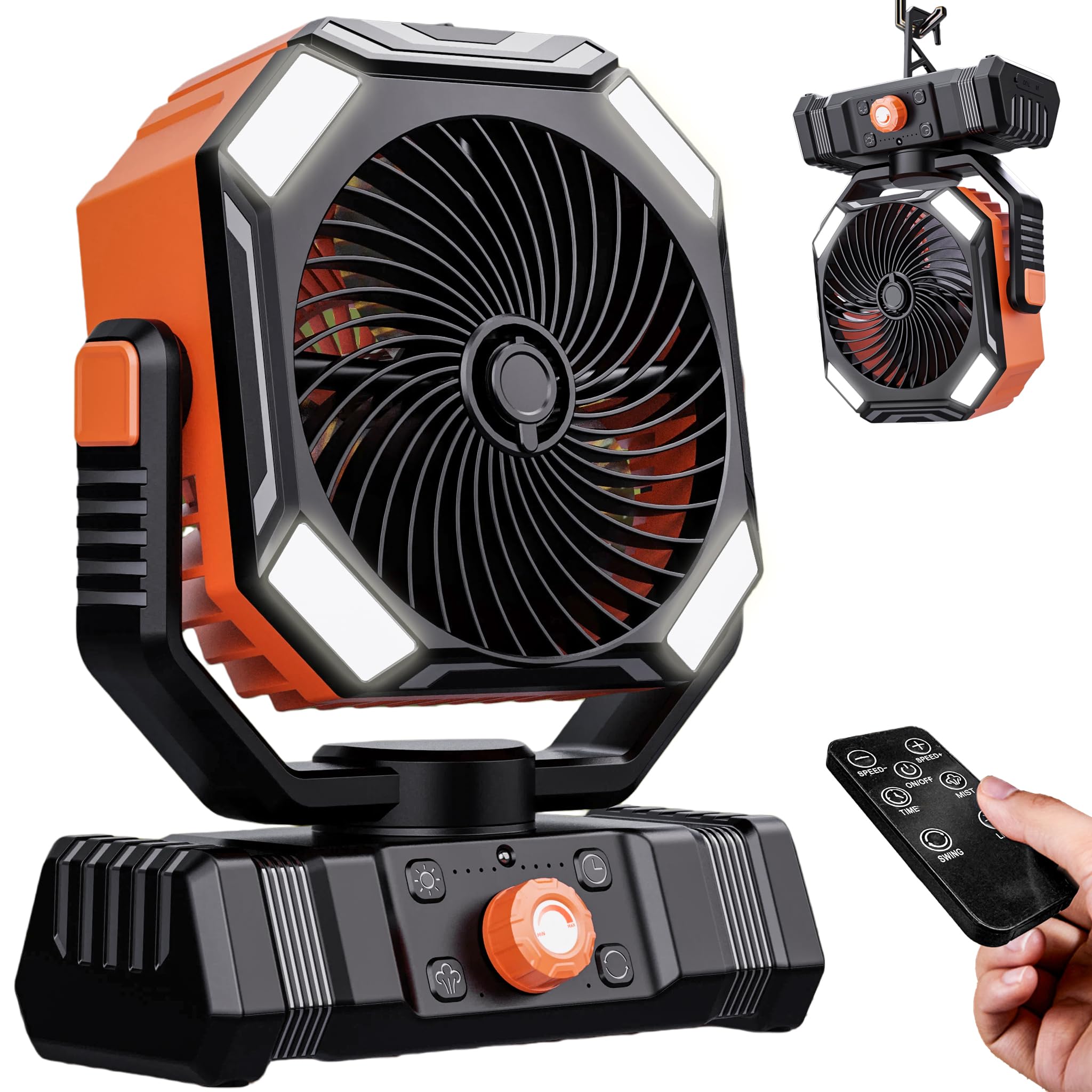 LUCYLANKER Portable Camping Fan with LED Lantern, 10000mAh Rechargeable Battery Operated Outdoor Fan with Remote, Auto Oscillating Portable Misting Fan with Hanging Hook for Tent, ABS, Orange & Black — image 1