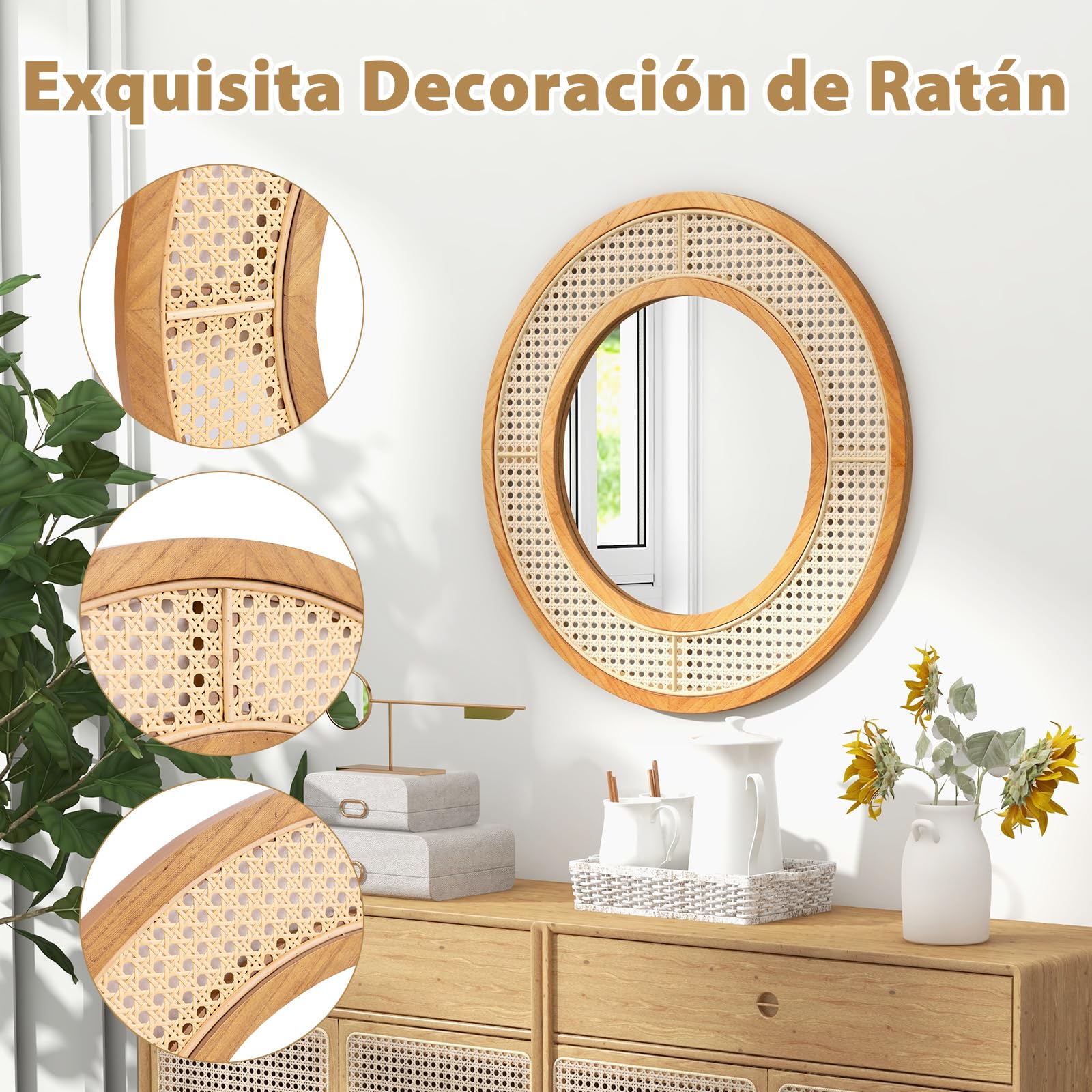 GOPLUS Espejo de Pared de Ratán, Espejo Redondo Bohemio de 65 cm con Marco de Madera, Vidrio de Aluminio, Espejo Decorativo Rústico para Sala, Dormitorio, Entrada, Baño, Instalación Fácil, Natural