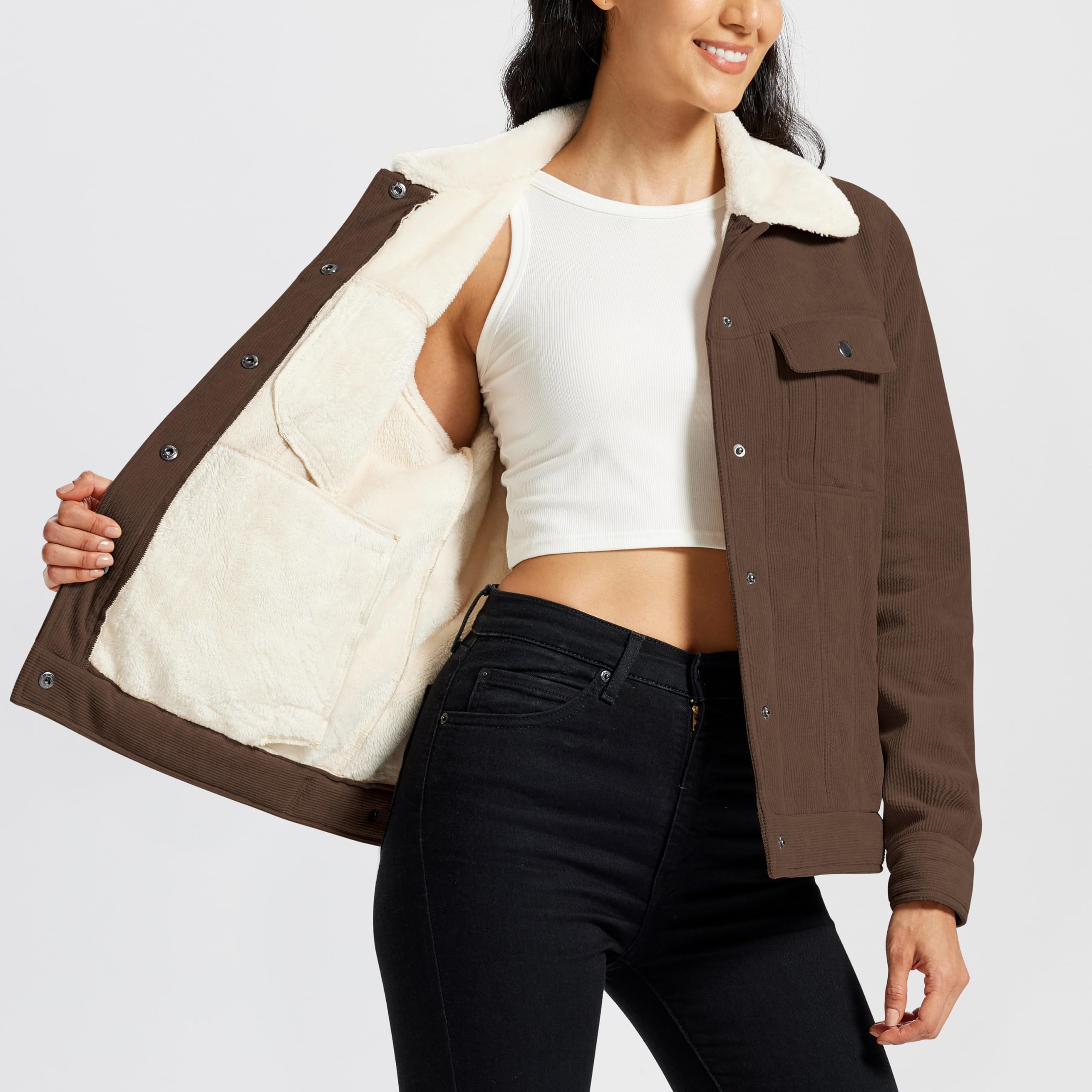 MoFiz Veste Polaire Femme Doublée en sherpa Blouson Hiver Chaud Vestes en Velours Côtelé à Boutons élégant décontracté et Poches