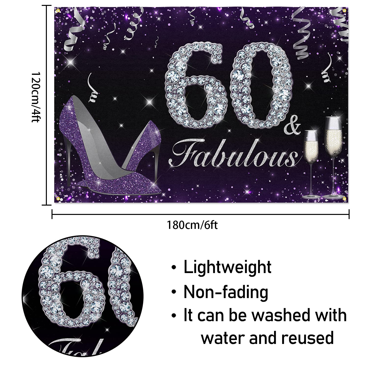HAMIGAR 1,8 x 1,2 m Happy 60th Birthday Banner Hintergrund – 60 & Fabulous Heels Geburtstag Dekorationen Partyzubehör für Frauen – Lila