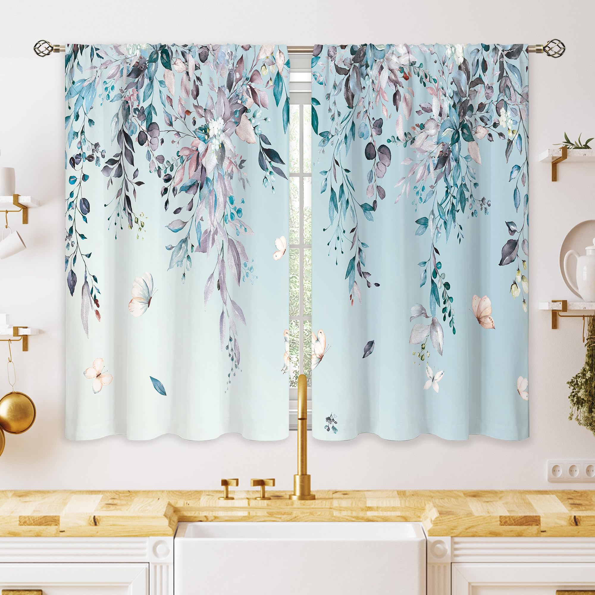 oolygoo Eucalyptus Botanical Leaves Floral Kitchen Window Curtains Butterfly Farmhouse Flower Leaf Small Window Treatment Blue Grey Cafe Short Curtains for Bathroom Treatment Tier Drapes 27.9x39 inch